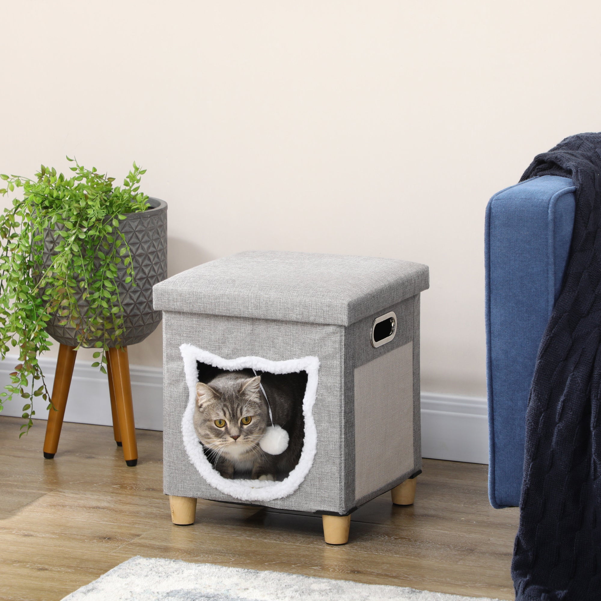 2 in 1 Cat Bed Ottoman, Comfortable Cat Sleeping Cave House w/ Removable Cushion, Scratching Pad, Handles, Anti-Slip Foot Pad, Toy Ball Grey-1