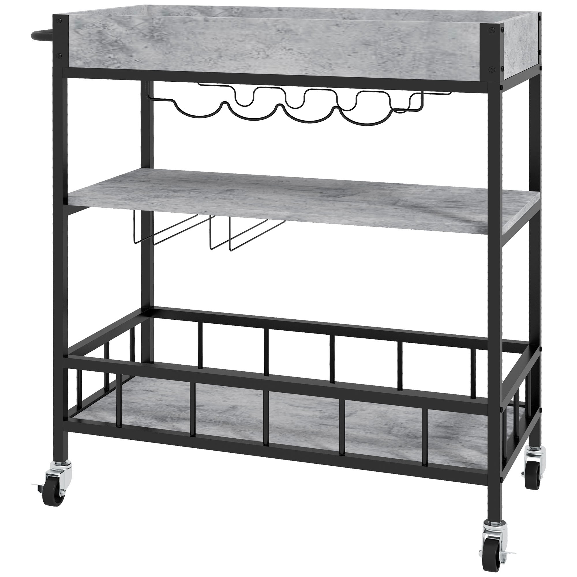 3-Tier Kitchen Cart, Kitchen Island with Storage Shelves, Removable Tray, Wine Racks, Glass Holders, Faux Marbled Grey-0