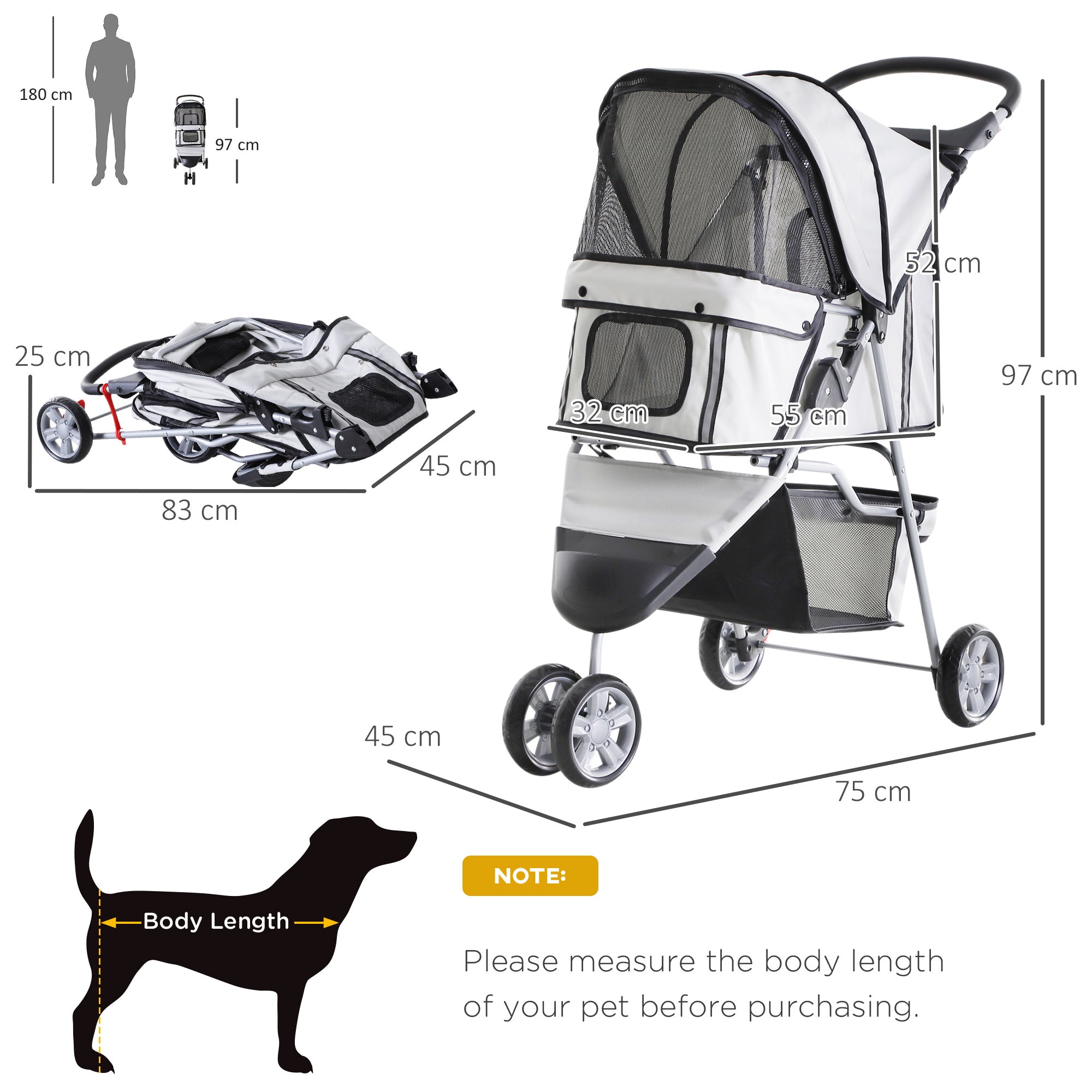 Dog Stroller Pet Travel Stroller Cat Dog Pushchair Trolley Puppy Jogger Carrier Three Wheels (Grey)-2