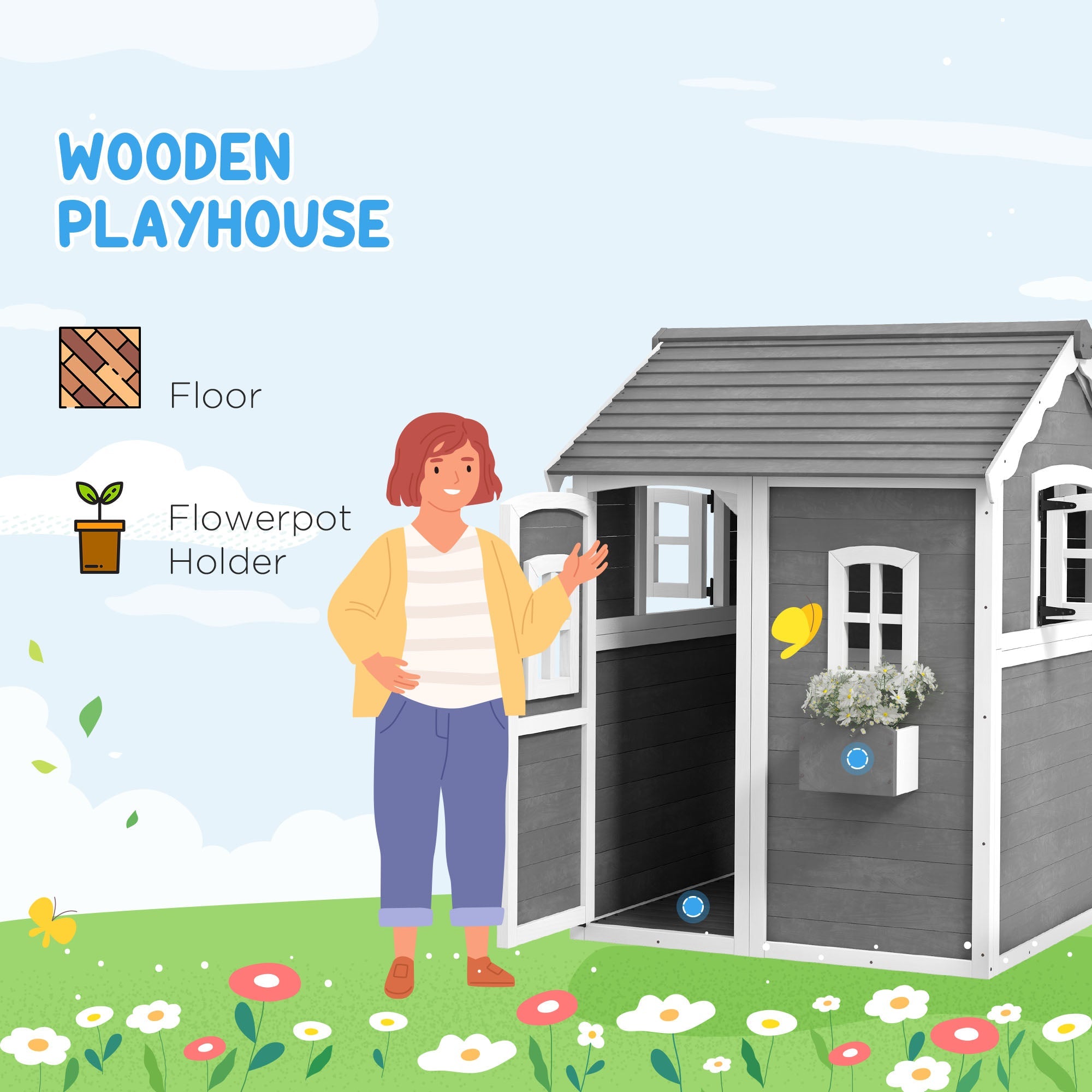 Wooden Playhouse for Kids with Doors, Windows, Plant Box, Floors, for 3-8 Years Old, Garden, Lawn, Patio, Grey-3