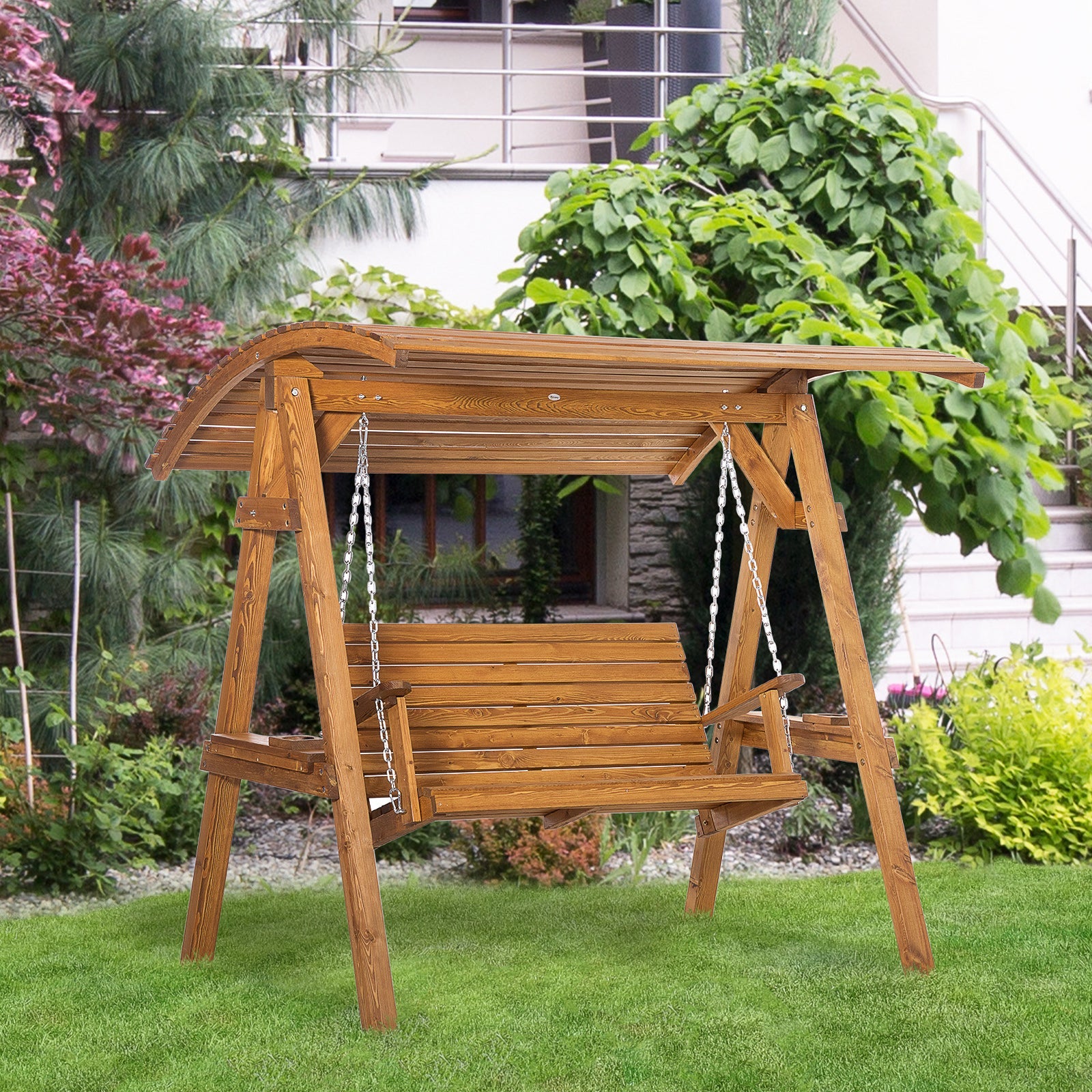 2 Seater Garden Swing Chair, Outdoor Canopy Swing Bench with Adjustable Shade and Solid Wood Frame-1