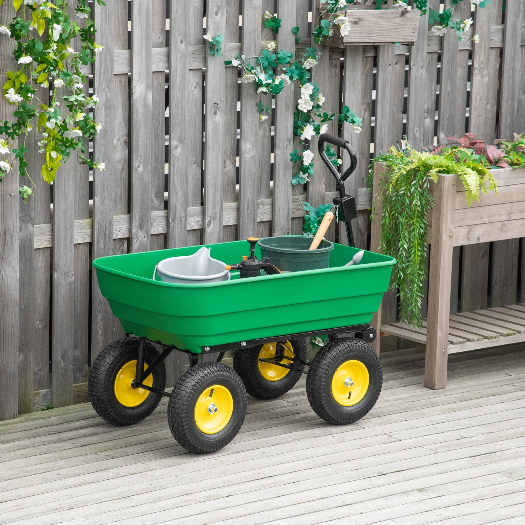 125 Litre Large Garden Cart Heavy Duty 4 Wheel Trolley Dump Wheelbarrow Tipping Truck Trailer - Green-1