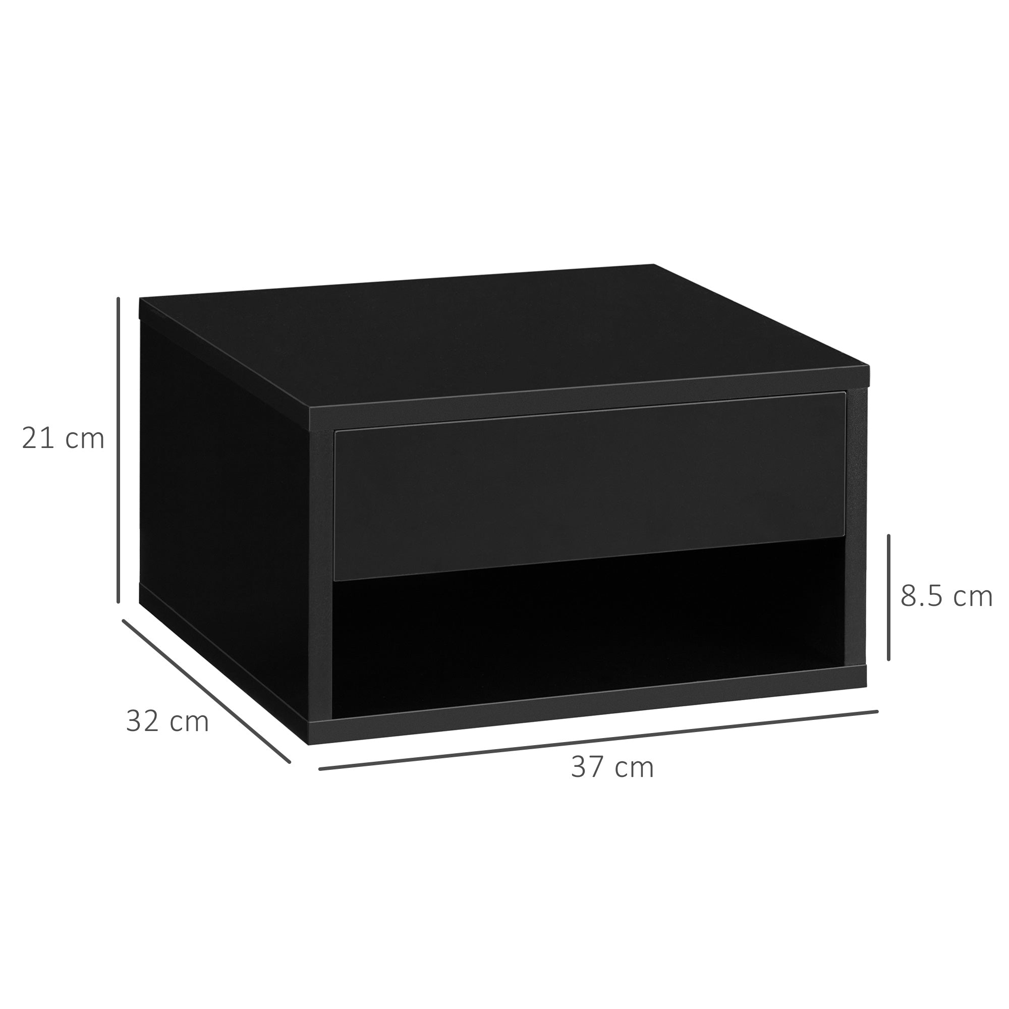 2 Pieces Bedside Table Wall Mounted Nightstand with Drawer and Shelf for Bedroom, 37 x 32 x 21cm, High Gloss Black-2