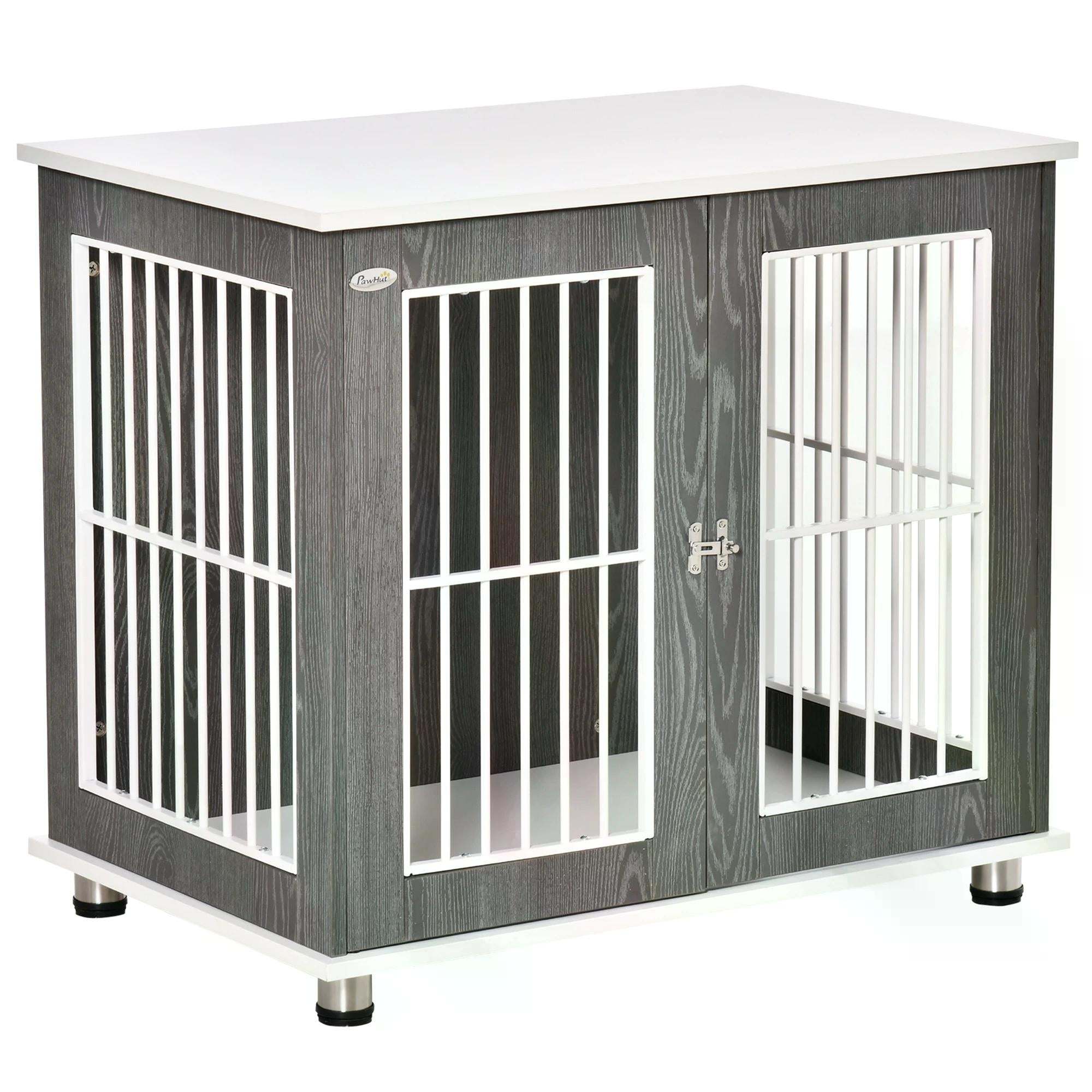 Dog Crate, Wooden Pet Kennel Cage with Lockable Door and Adjustable Foot Pads, Modern Design, Grey and White-0