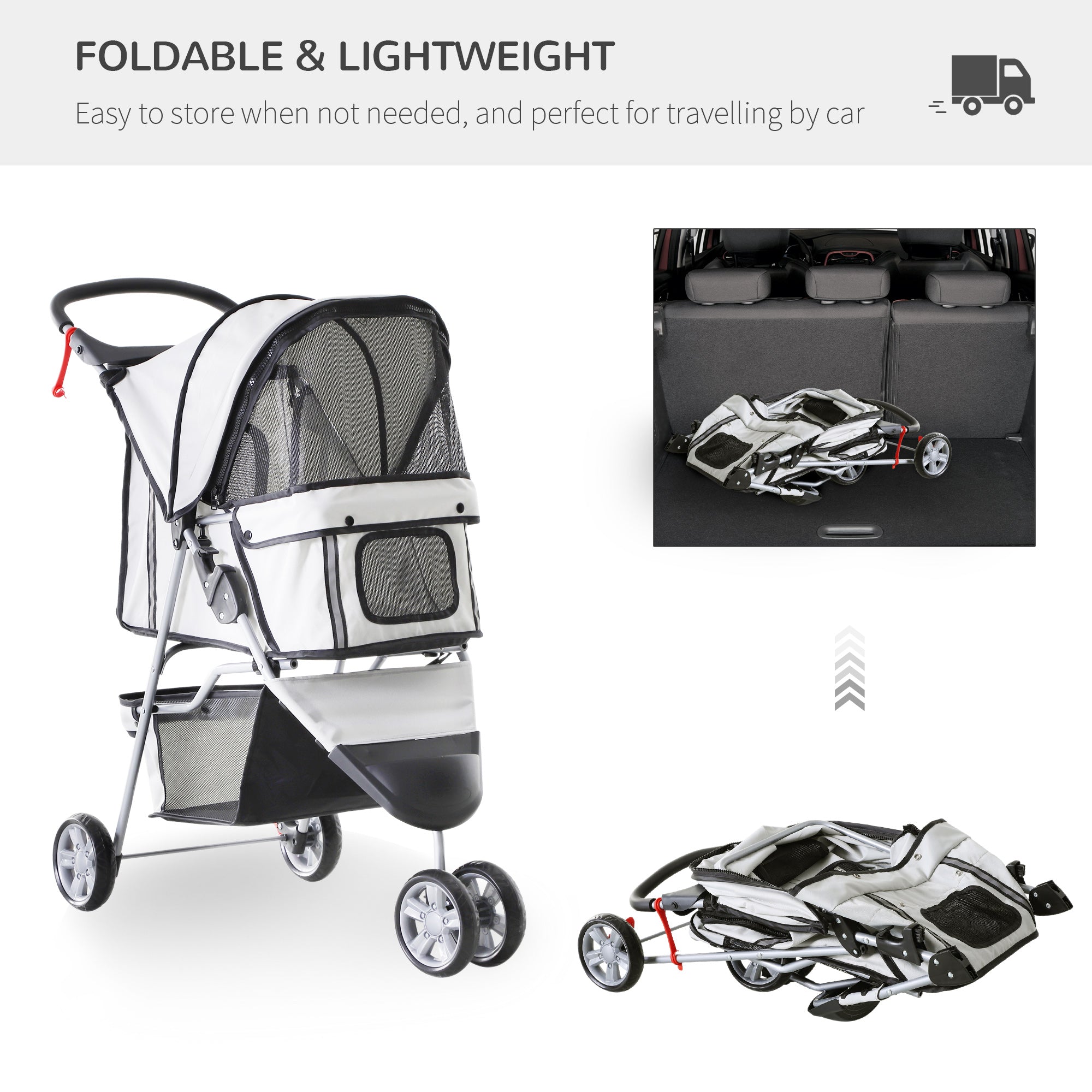 Dog Stroller Pet Travel Stroller Cat Dog Pushchair Trolley Puppy Jogger Carrier Three Wheels (Grey)-3