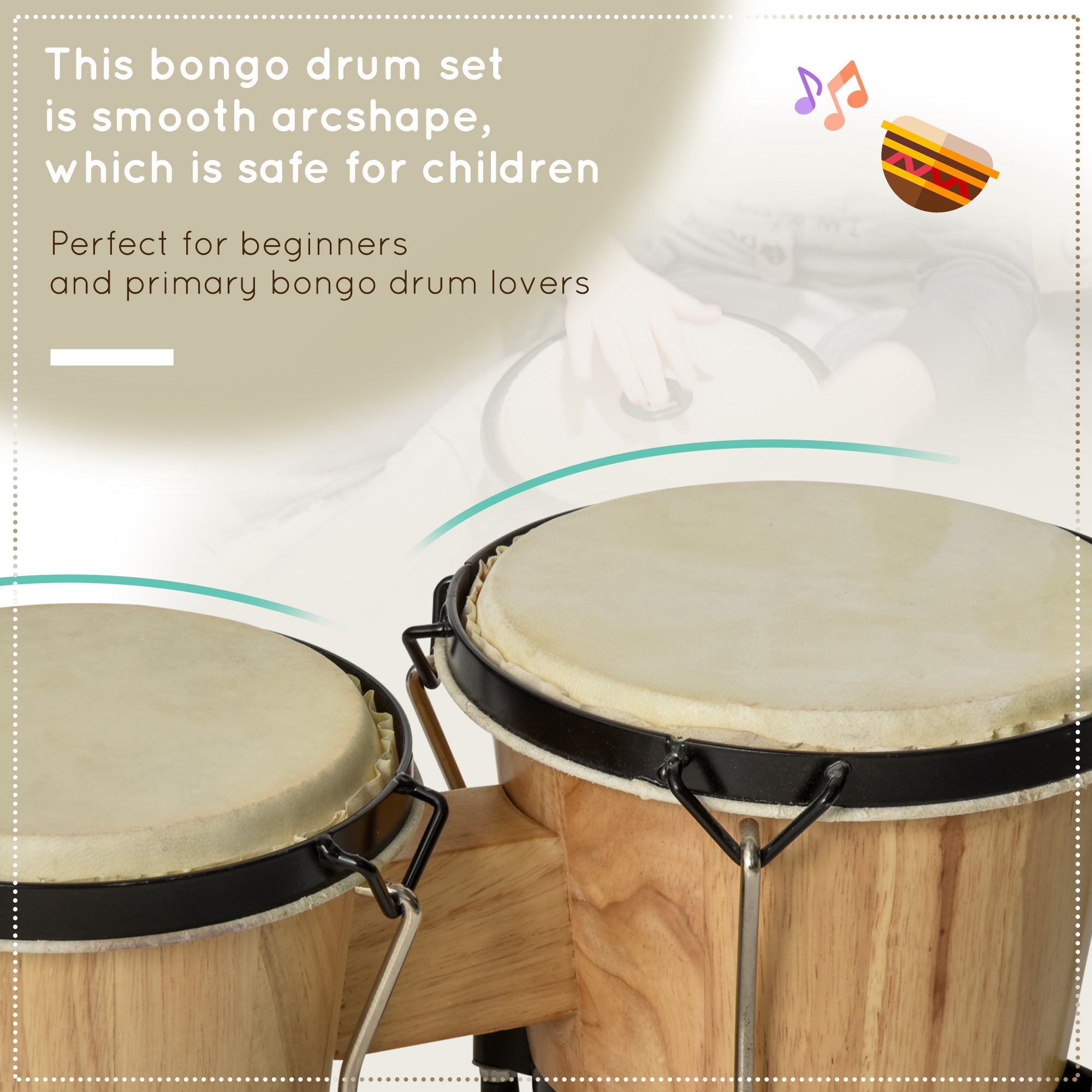 Wooden Bongo Drum Set w/ Sheepskin Drum Head, Percussion Instrument, 7.75" & 7" Drums, for Kids Adults, w/ Tuning Wrench-3