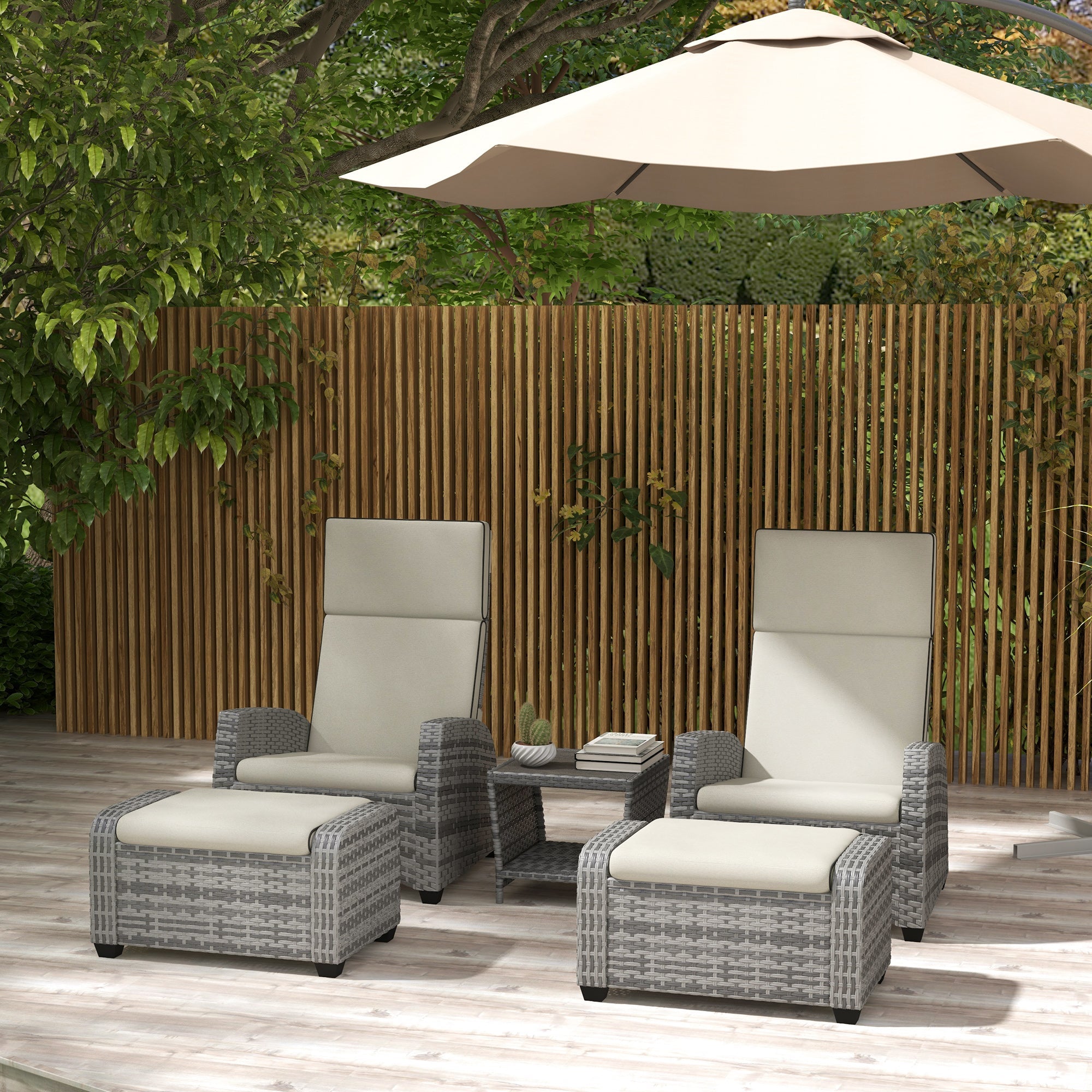 5-Piece Rattan Patio Reclining Chair Set with Footstools, Coffee Table, Cushions, for Outdoor Garden, Grey-1