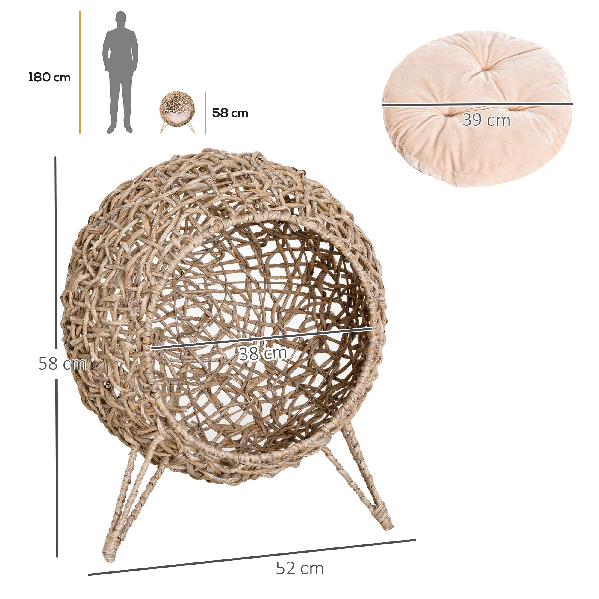 Wicker Cat Bed, Ball-Shaped Rattan Elevated Cat Basket with Three Tripod Legs, Cushion, Natural Wood Finish-2