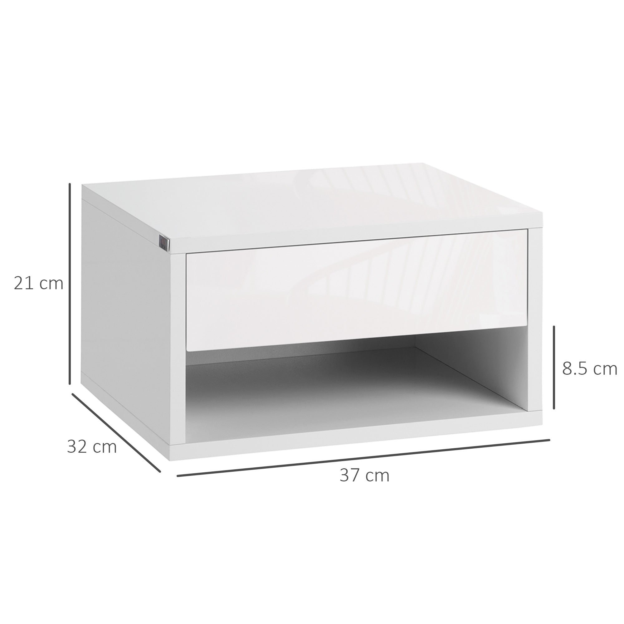 2 Pieces Bedside Table Wall Mounted Nightstand with Drawer and Shelf for Bedroom, 37 x 32 x 21cm, High Gloss White-2