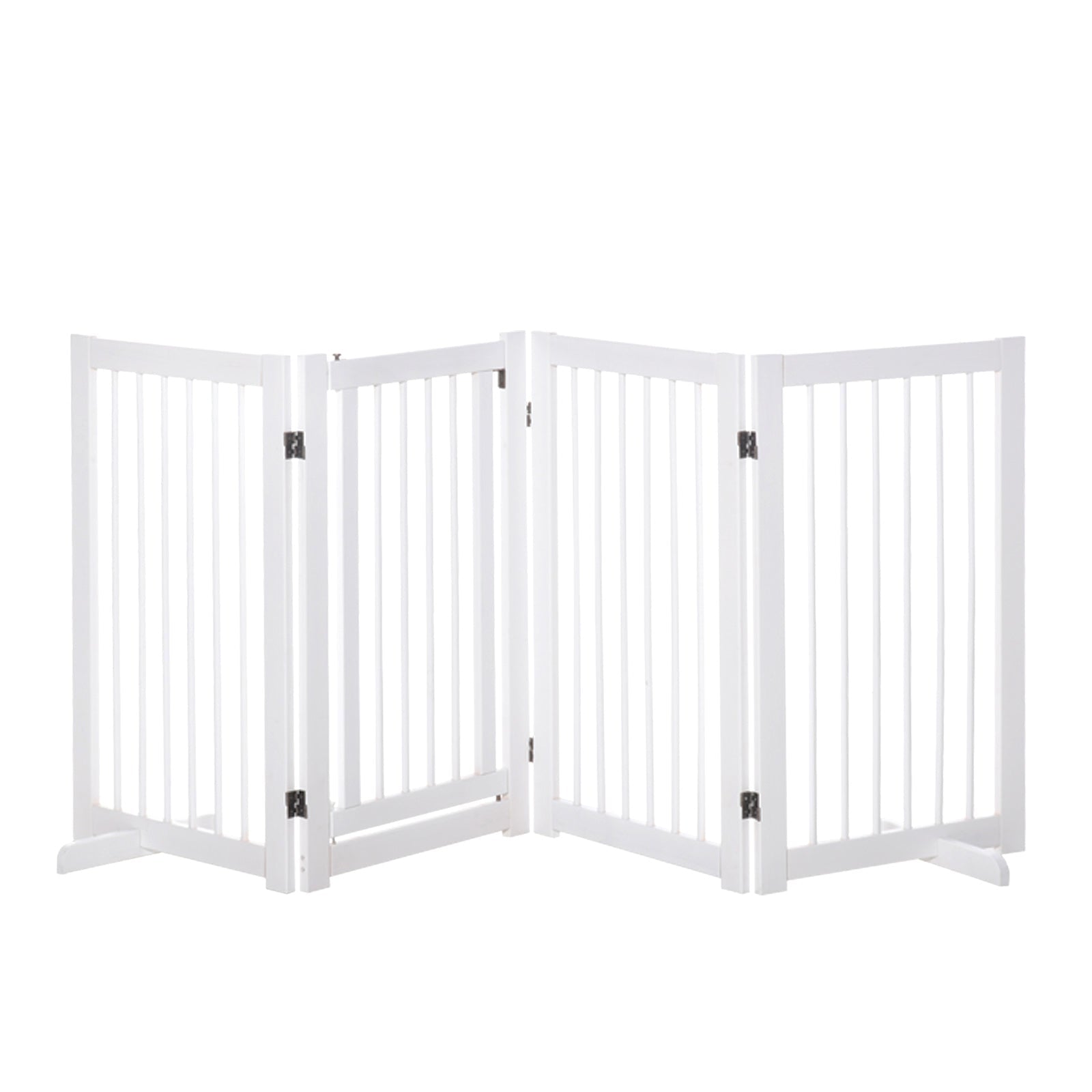 Wooden Freestanding Pet Gate 4 Panels 91cm Foldable Dog Safety Fence with 2 Support Feet Walk-through Door for Doorway Stairs White-0