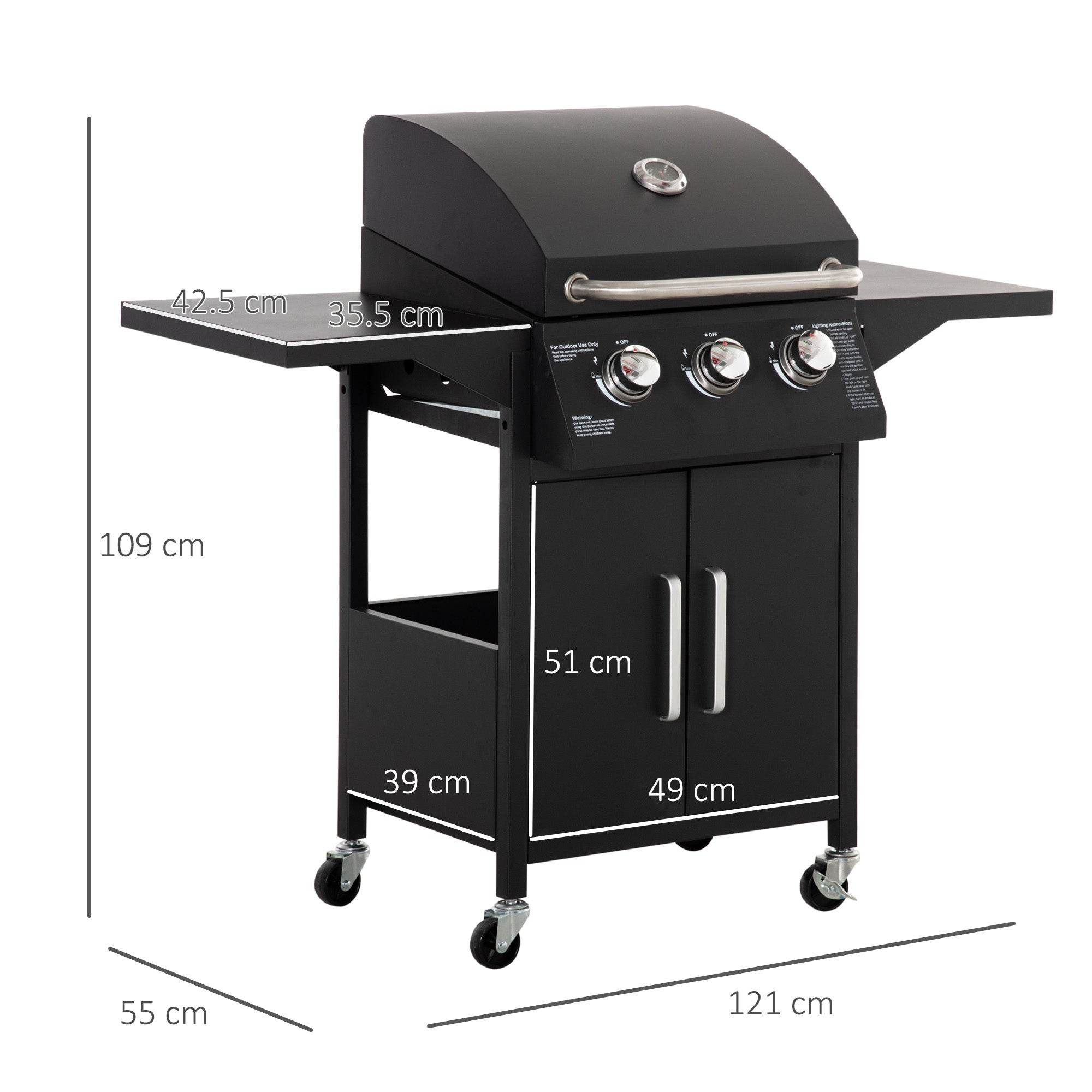 3 Burner Gas BBQ Grill Outdoor Portable Barbecue Trolley w/ Warming Rack, Side Shelves, Storage Cabinet, Thermometer, Carbon Steel, Black-2