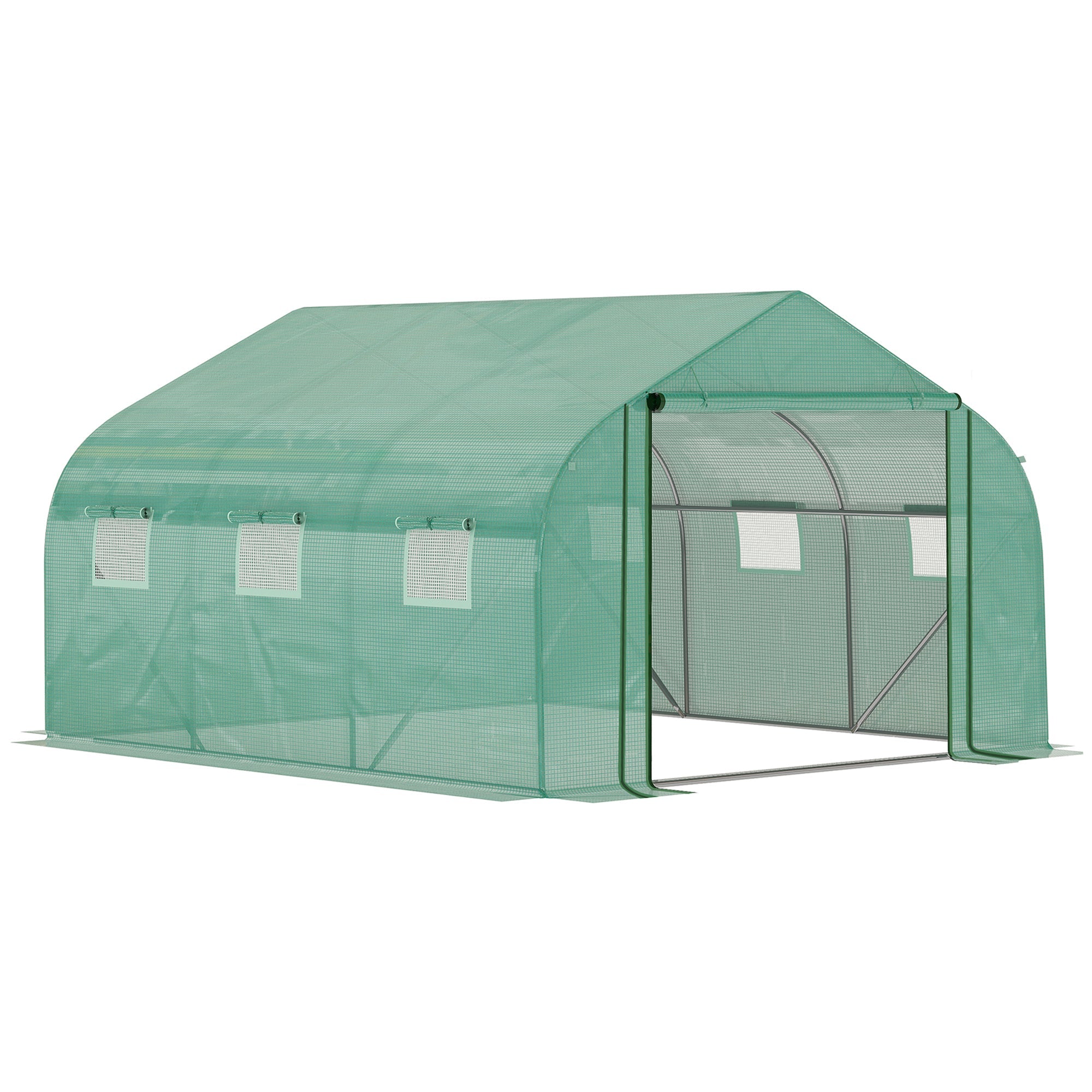 Walk-in Polytunnel Garden Greenhouse, Outdoor Greenhouse with PE Cover, Zippered Roll Up Door and 6 Windows, 3.5 x 3 x 2m, Green-0