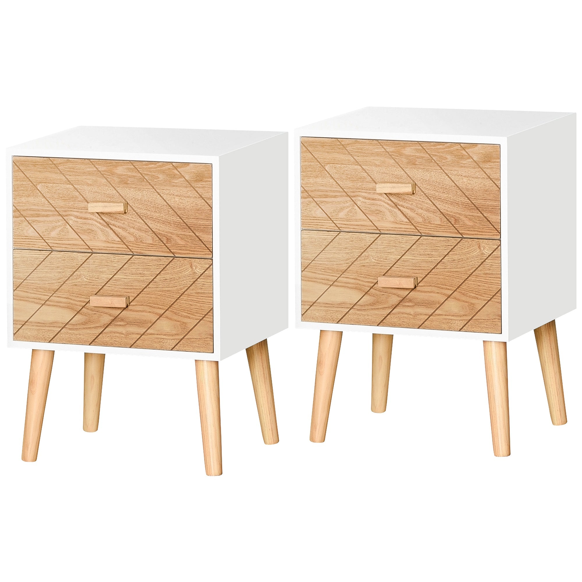 2 Drawers Bedside Table with Pine Legs, Bedroom Wooden Storage Cabinet, Set of 2, Natural-0