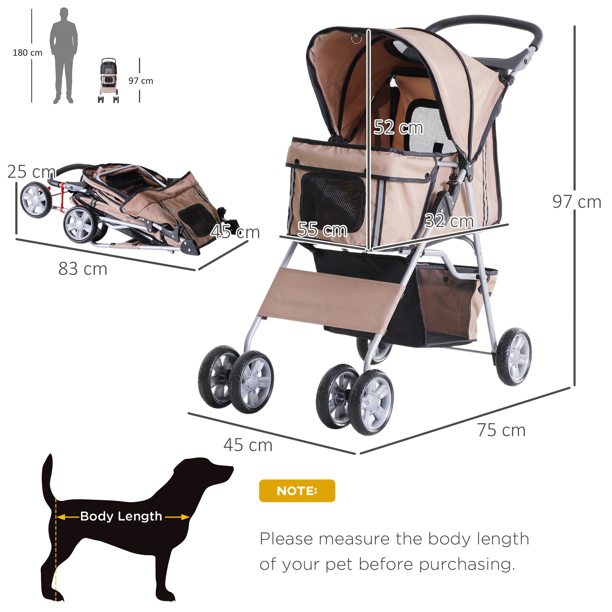 Dog Pram Pet Stroller Foldable Dog Pushchair with Wheels Zipper Entry Cup Holder Storage Basket Brown-2