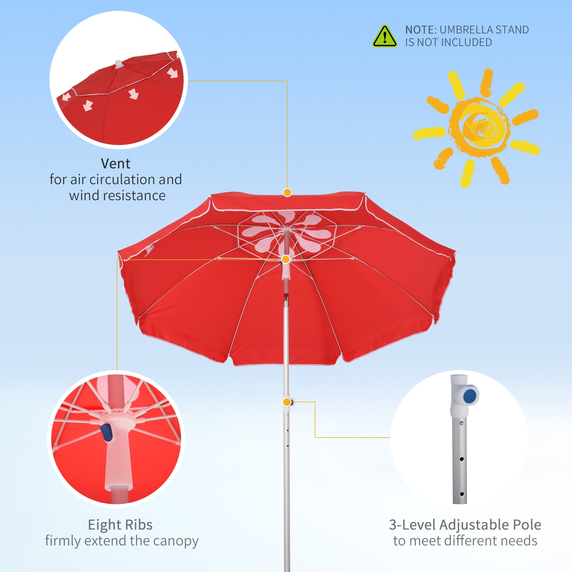 1.9m Arced Beach Umbrella 3-Angle Canopy Parasol w/ Aluminium Frame Pointed Spike Carry Bag Outdoor Sun Safe Shelter Patio Red-4