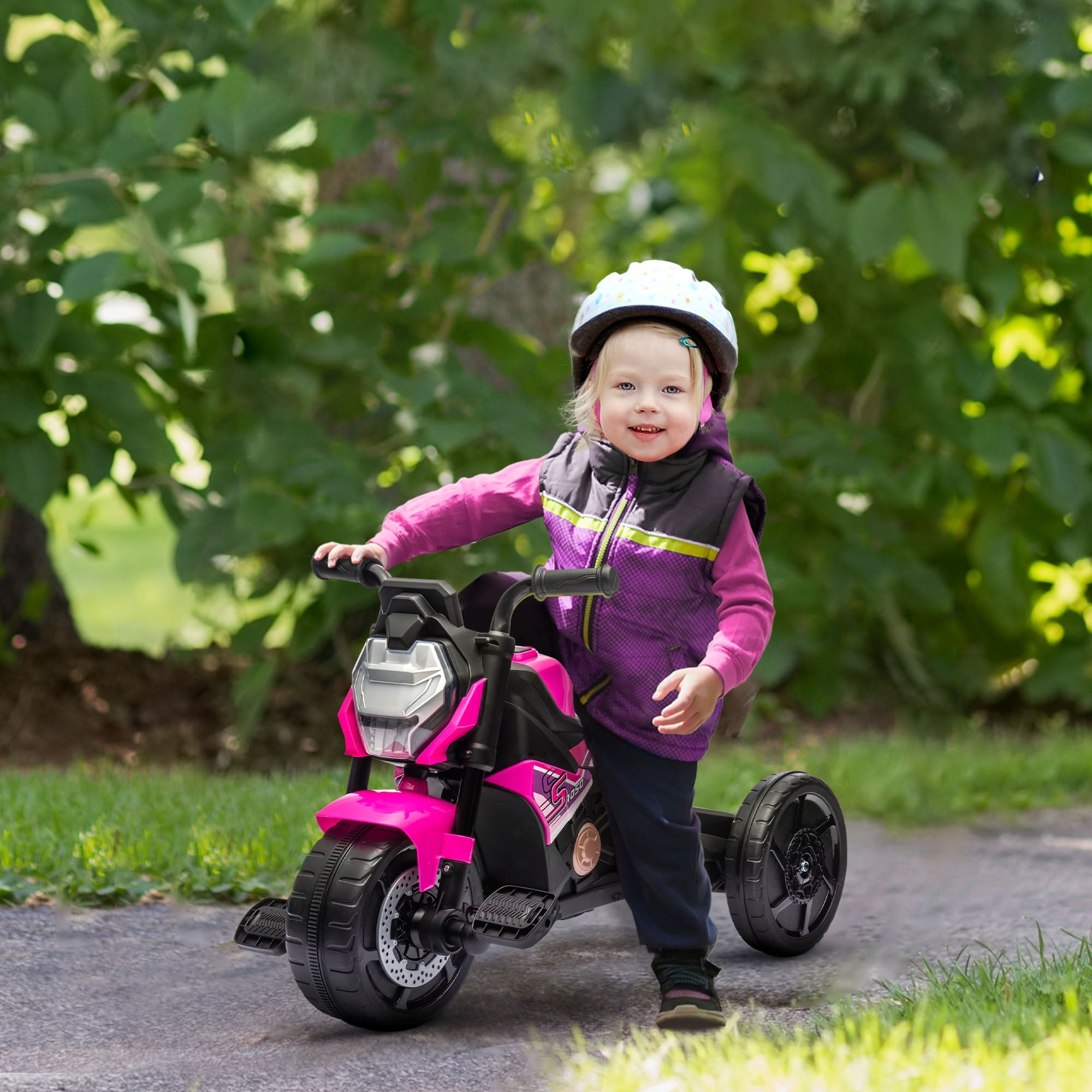 Motorcycle Design 3 in 1 Toddler Trike, Sliding Car, Balance Bike with Headlight, Music, Horn, Pink-1