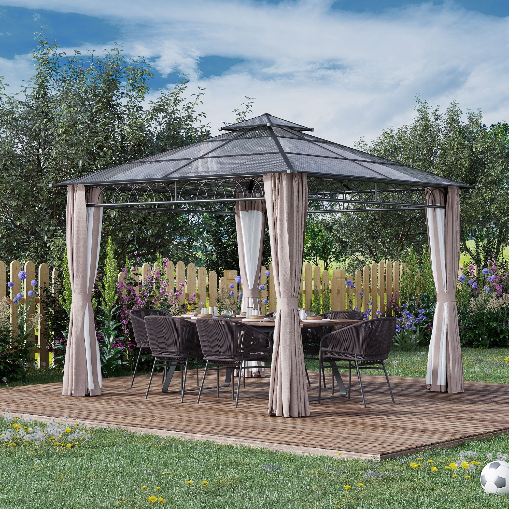 3 x 3 (m) Outdoor Polycarbonate Gazebo, Double Roof Hard Top Gazebo with Galvanized Steel Frame, Nettings & Curtains-1