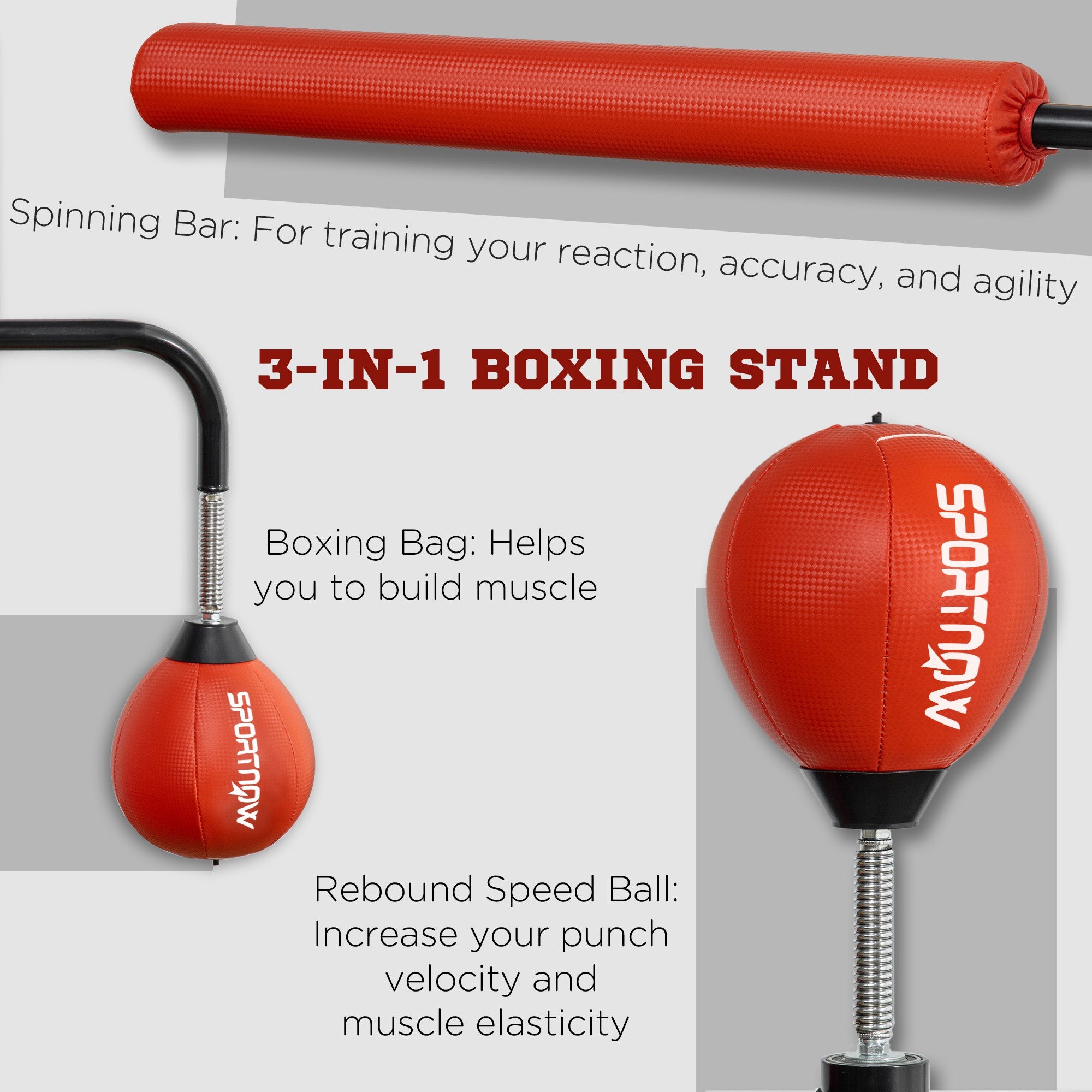 140-205cm Inflatable Punch Bag w/ Reaction Bar Challenge, Freestanding Punching Bag Training Equipment w/ Suction Cups, MMA Equipment, Red-3