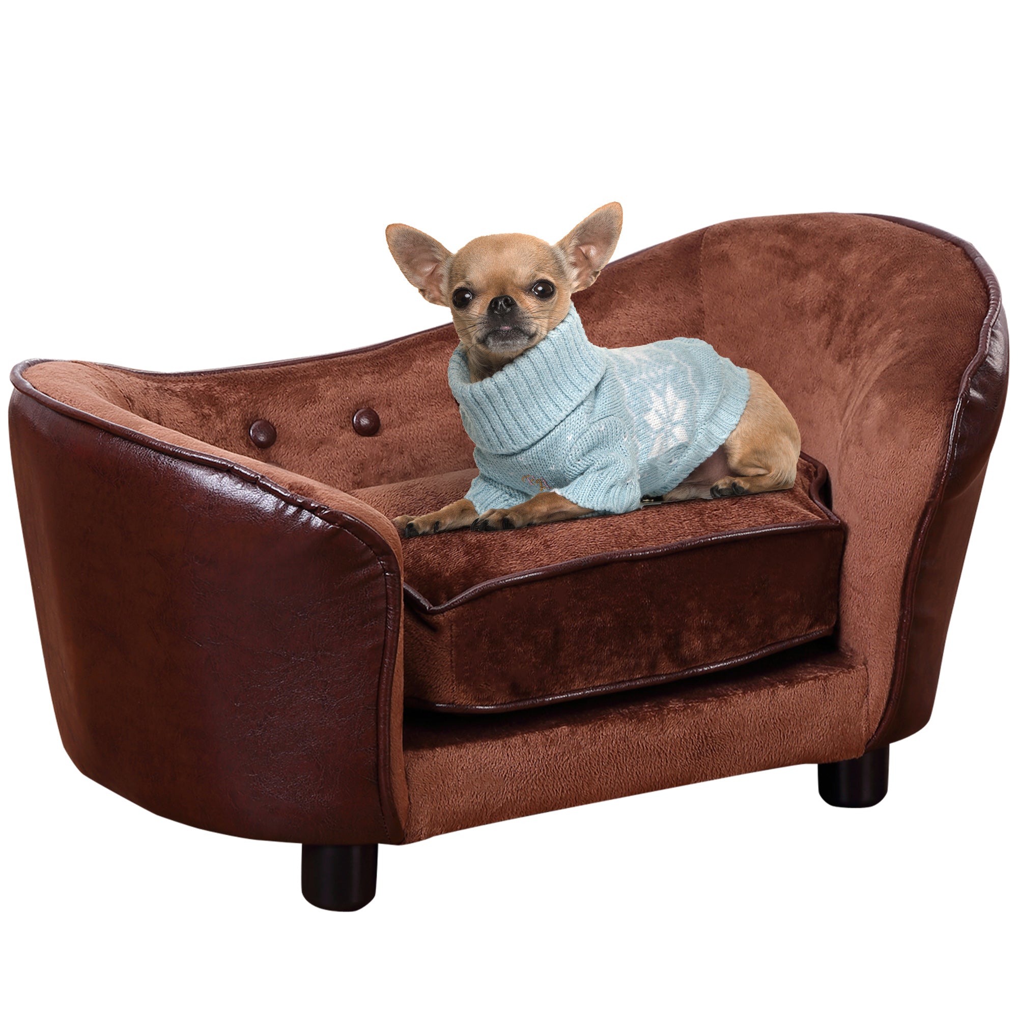 Dog Sofa Chair with Legs, Pet Couch with Soft Cushion for Extra Small Dogs Cats, Brown, 68.5 x 40.5 x 40.5 cm-0