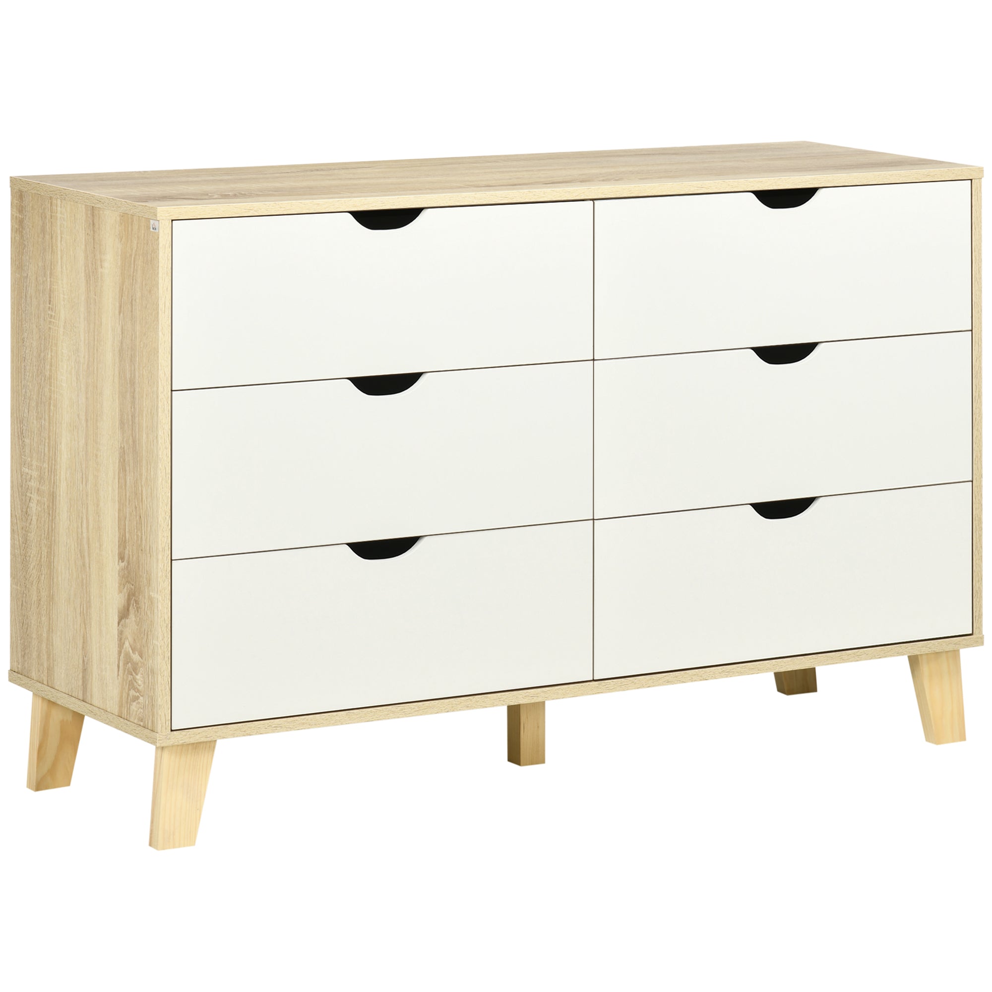 Wide Chest of Drawers, 6-Drawer Storage Organiser Unit with Wood Legs for Bedroom, Living Room, White and Light Brown-0