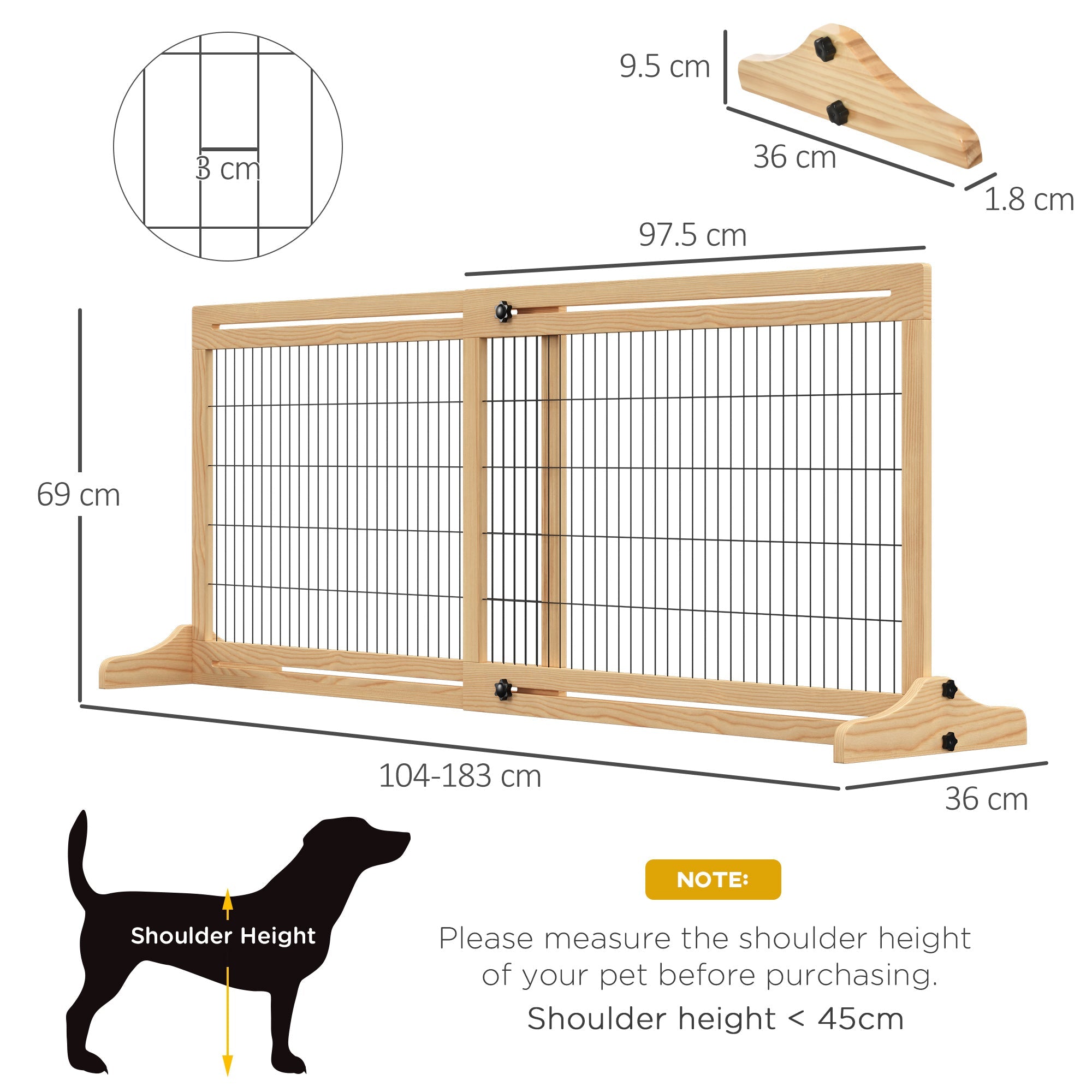 Adjustable Wooden Pet Gate, Freestanding Dog Barrier Fence with 2 Panels for Doorway, Hallway, 69H x 104-183 cm, Natural-2