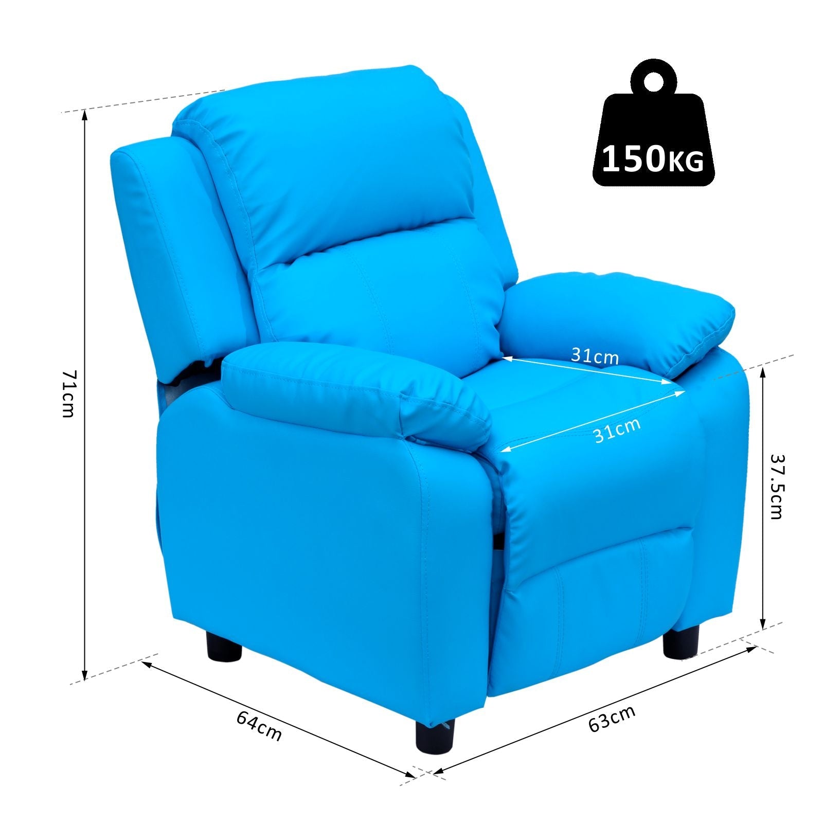 Kids Children Recliner Lounger Armchair Games Chair Sofa Seat PU Leather Look w/ Storage Space on Arms (Blue)-2