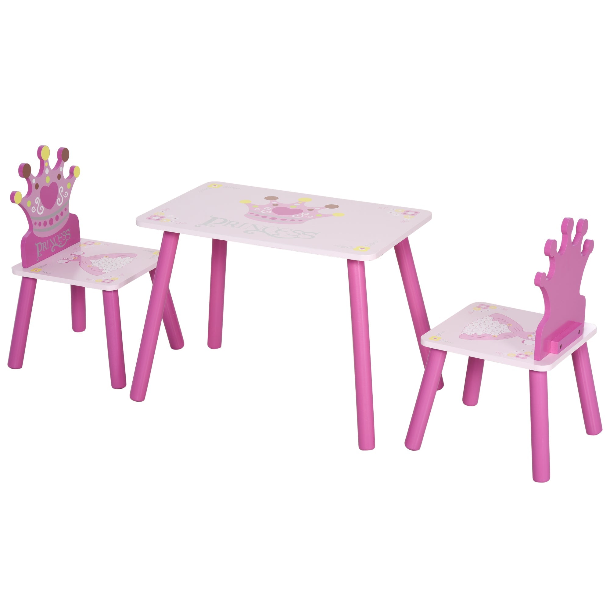 3-Piece Set Kids Wooden Table Chair with Crown Pattern Easy to Clean Gift for Girls Toddlers Age 3 to 8 Years Old Pink-0