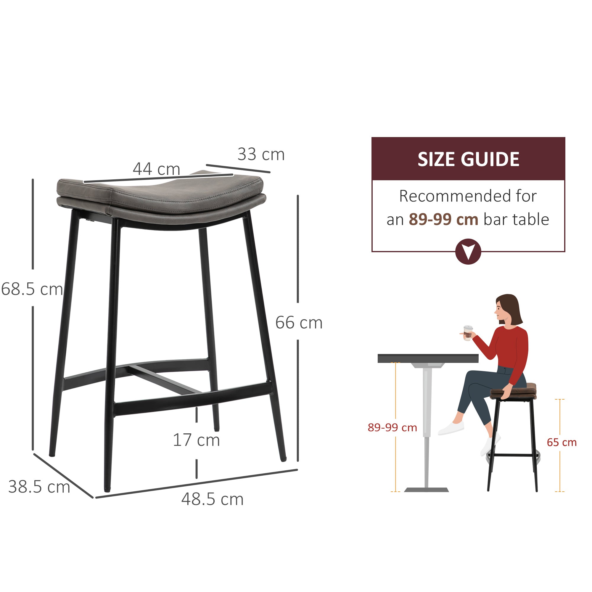 Kitchen Stools Set of 2, Microfibre Upholstered Barstools, Industrial Bar Chairs with Curved Seat and Steel Frame-2