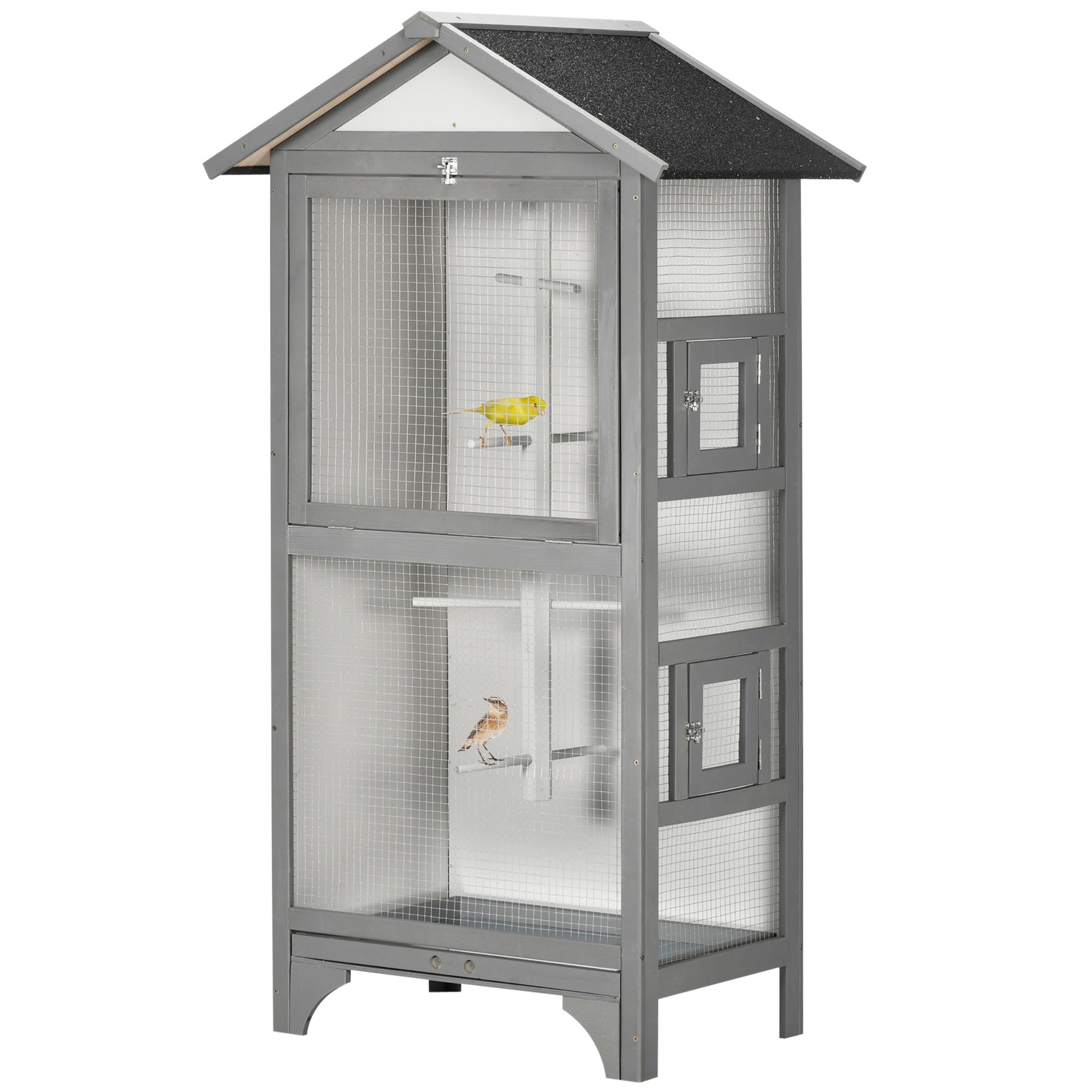 Wooden Outdoor Bird Cage, for Finches and Canaries, with Removable Tray, Asphalt Roof - Grey-0