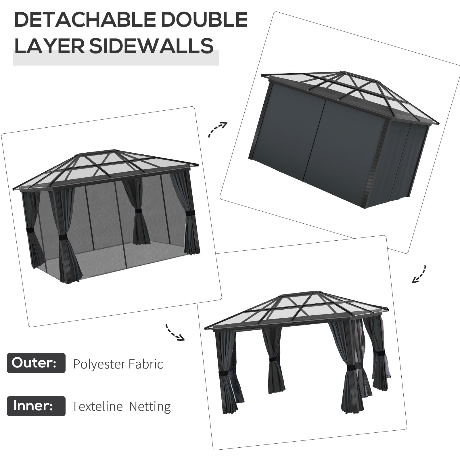 3 x 3.6m Hardtop Gazebo with UV Resistant Polycarbonate Roof and Aluminium Frame, Garden Pavilion with Mosquito Netting and Curtains-4