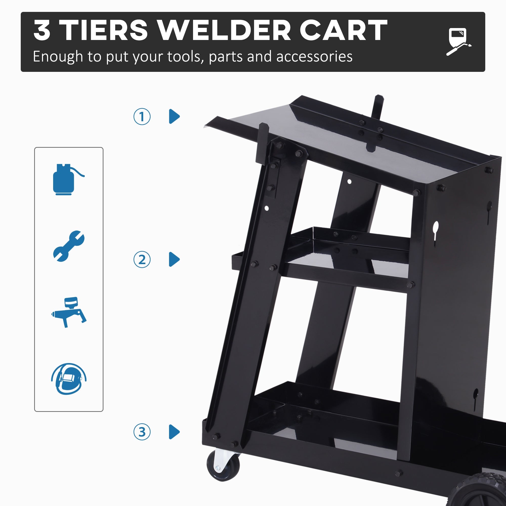 Welding Cart Welder Trolley Garage for Gas Bottles w/ Safety Chain, Wheels, Black-3