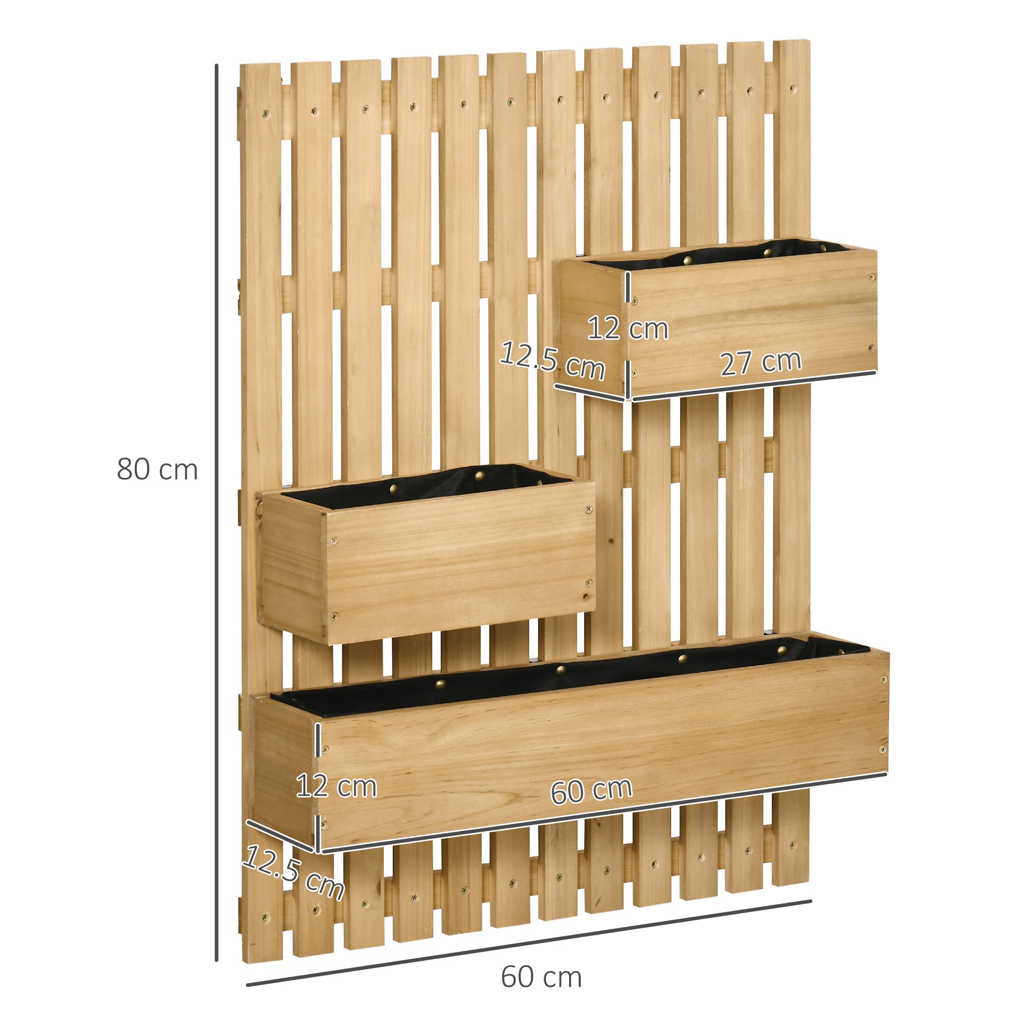 Wall-mounted Wooden Garden Planters with Trellis, Drainage Holes and 3 Movable Planter Boxes, Wall Raised Garden Bed for Patio, Natural-2