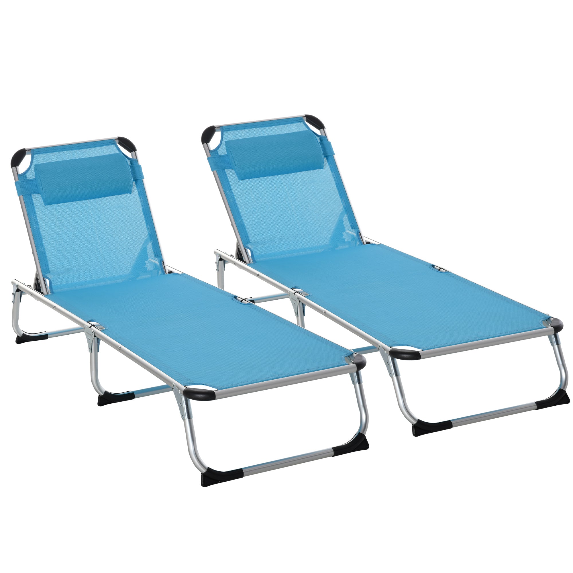 2 Pieces Foldable Sun Lounger with Pillow, 5-Level Adjustable Reclining Lounge Chair, Aluminium Frame Camping Bed Cot, Blue-0