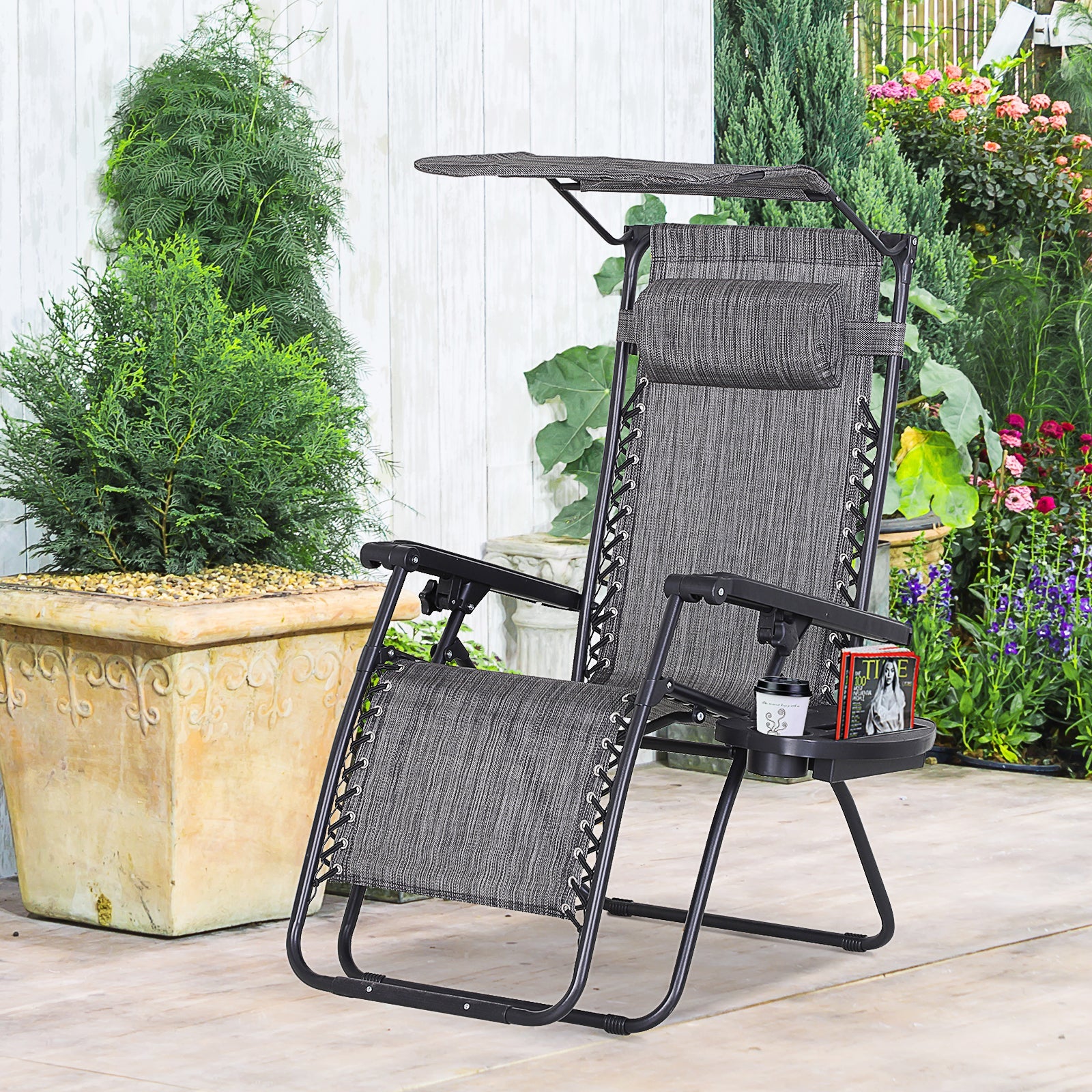 Zero Gravity Garden Deck Folding Chair Patio Sun Lounger Reclining Seat with Cup Holder & Canopy Shade - Grey-1