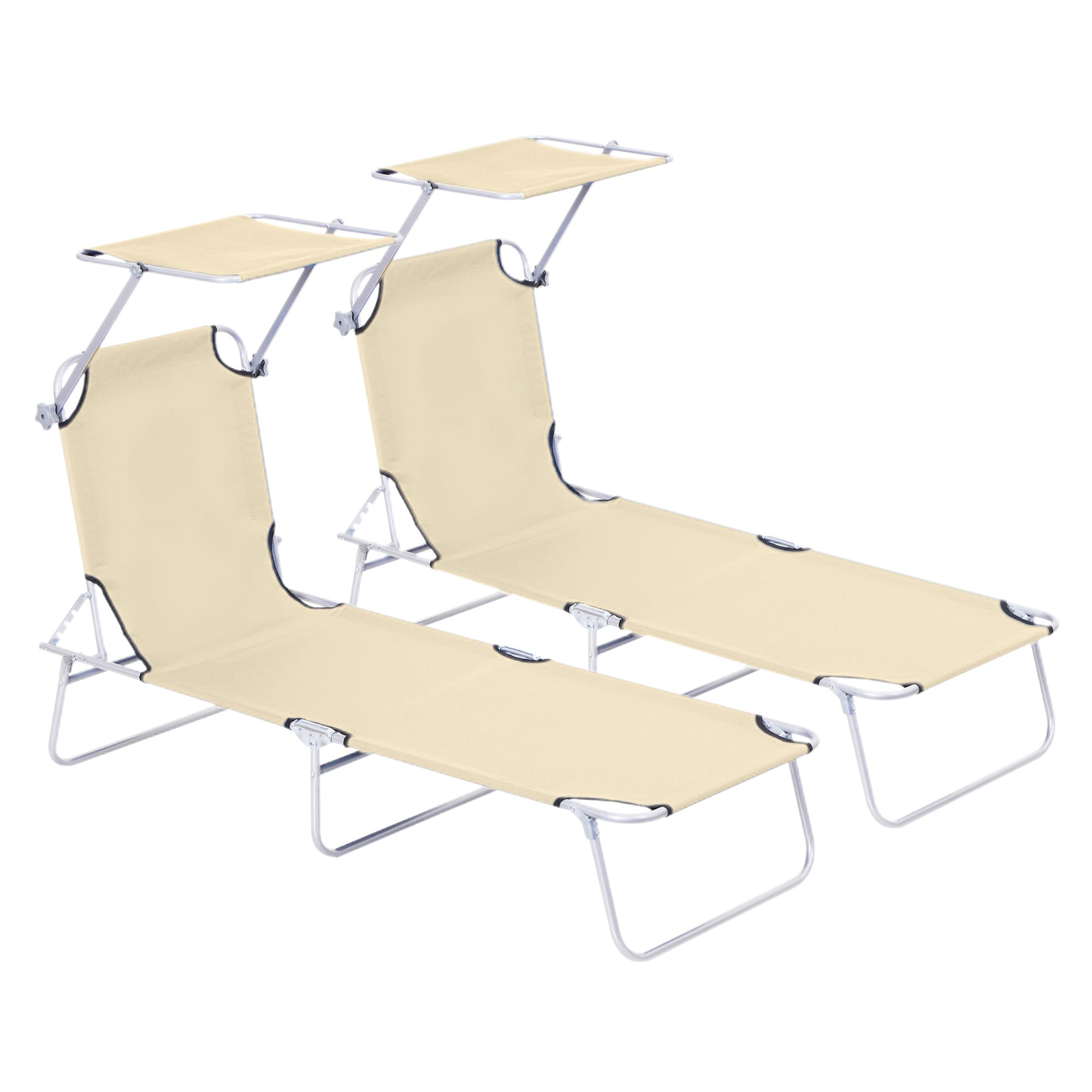 2 Pieces Outdoor Foldable Sun Lounger Set with Removeable Shade Canopy, Patio Recliner Sun Lounger with Adjustable Backrest with Mesh Fabric, Beige-0