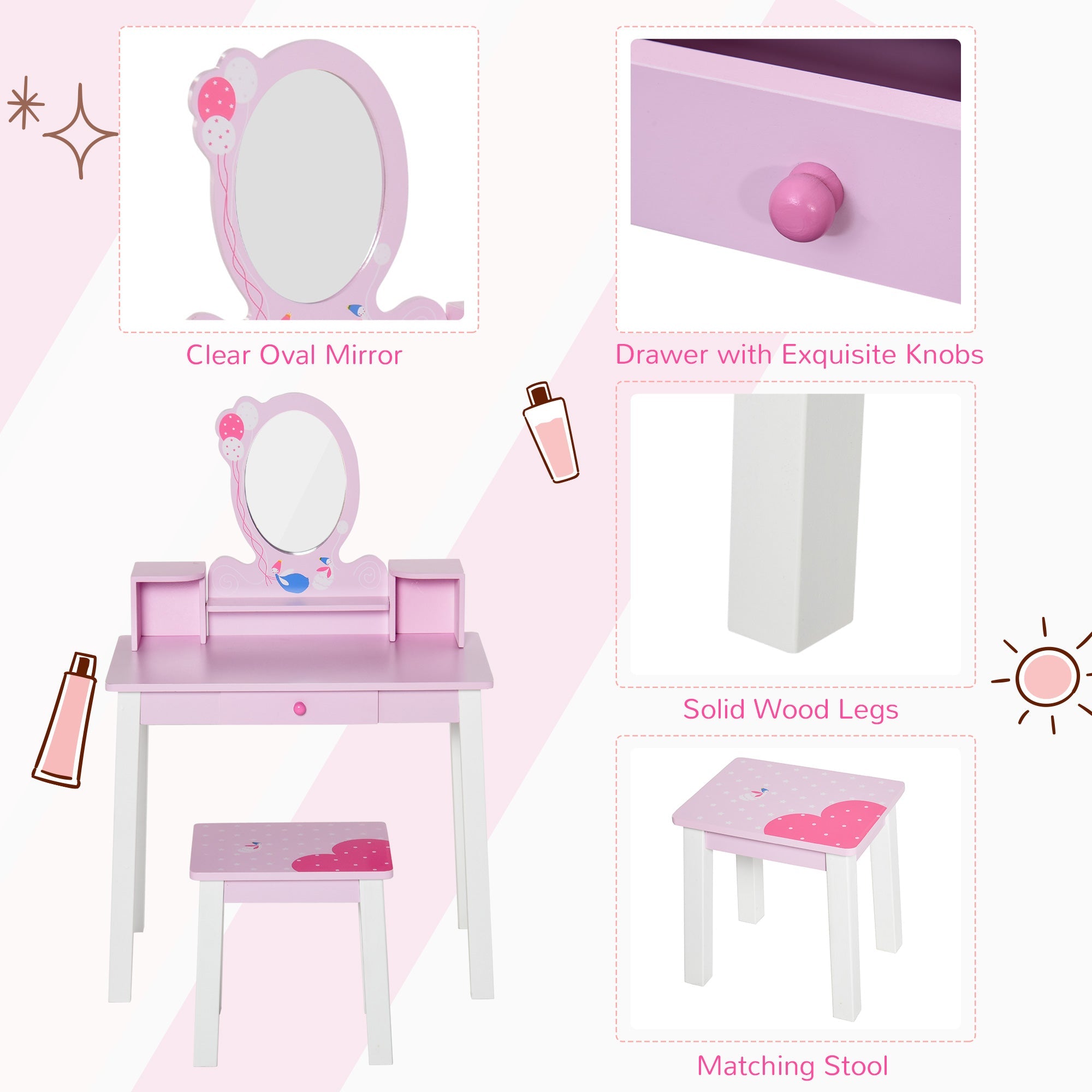 2 PCS Kids Wooden Dressing Table and Stool Girls Vanity Table Makeup Table Set with Mirror Drawers Role Play for Toddlers 3 Year+, Pink White-4