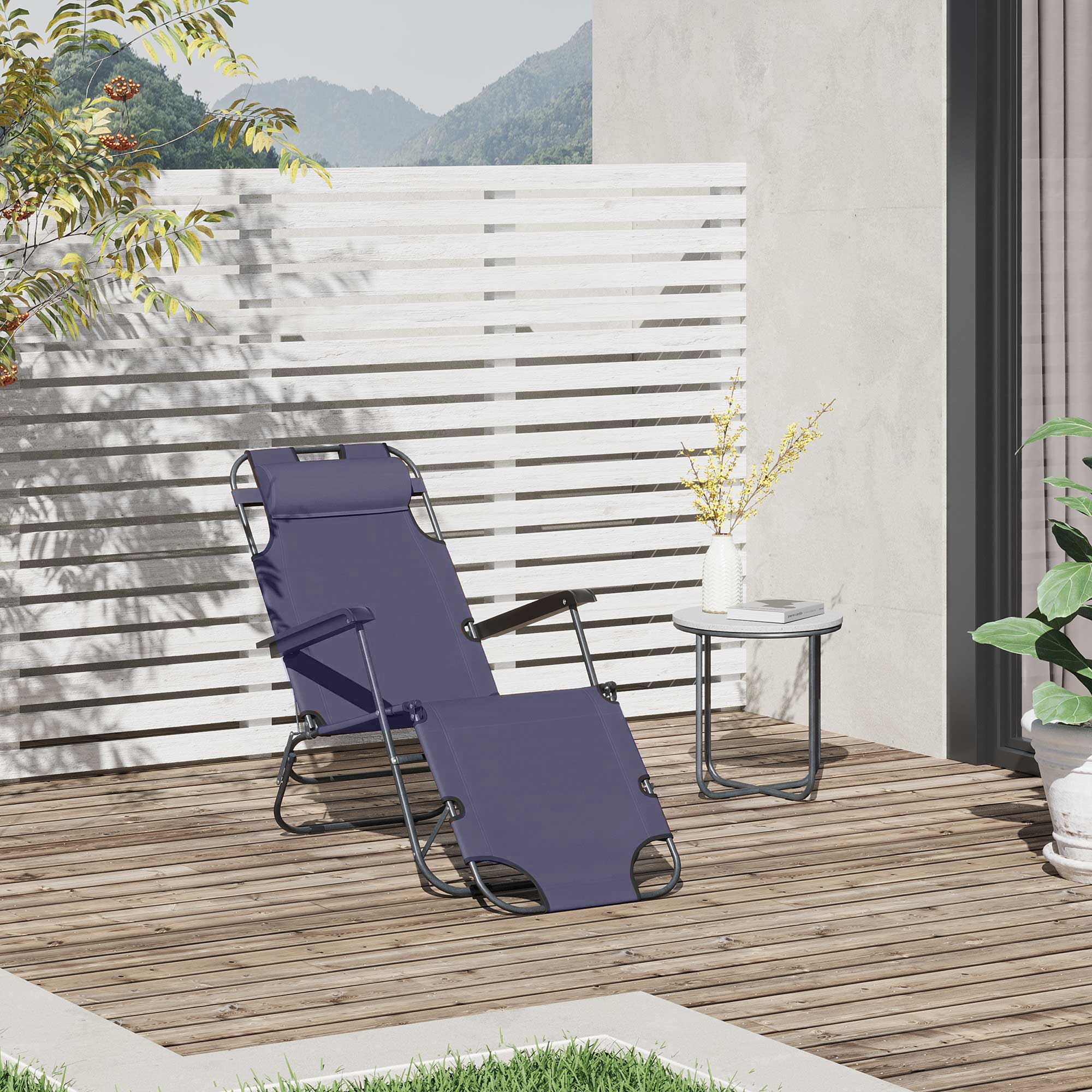 2 in 1 Sun Lounger Folding Reclining Chair Garden Outdoor Camping Adjustable Back with Pillow Grey-1