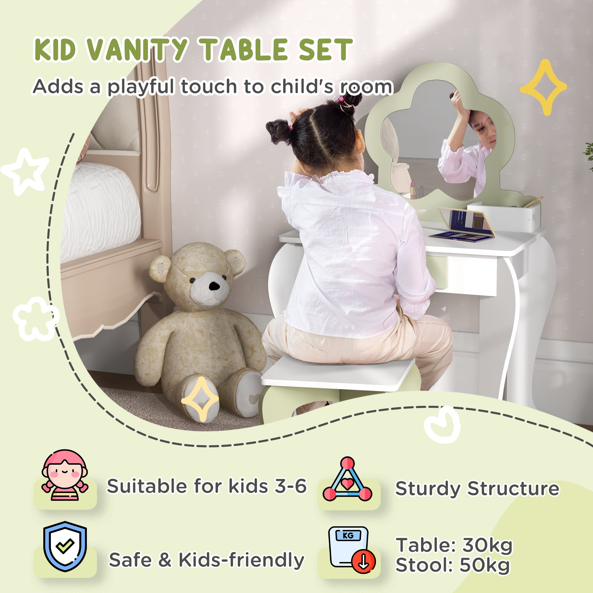 Kids Vanity Table with Mirror and Stool, Drawer, Storage Boxes, Beauty Flower Design, for 3-6 Years Old, White-3