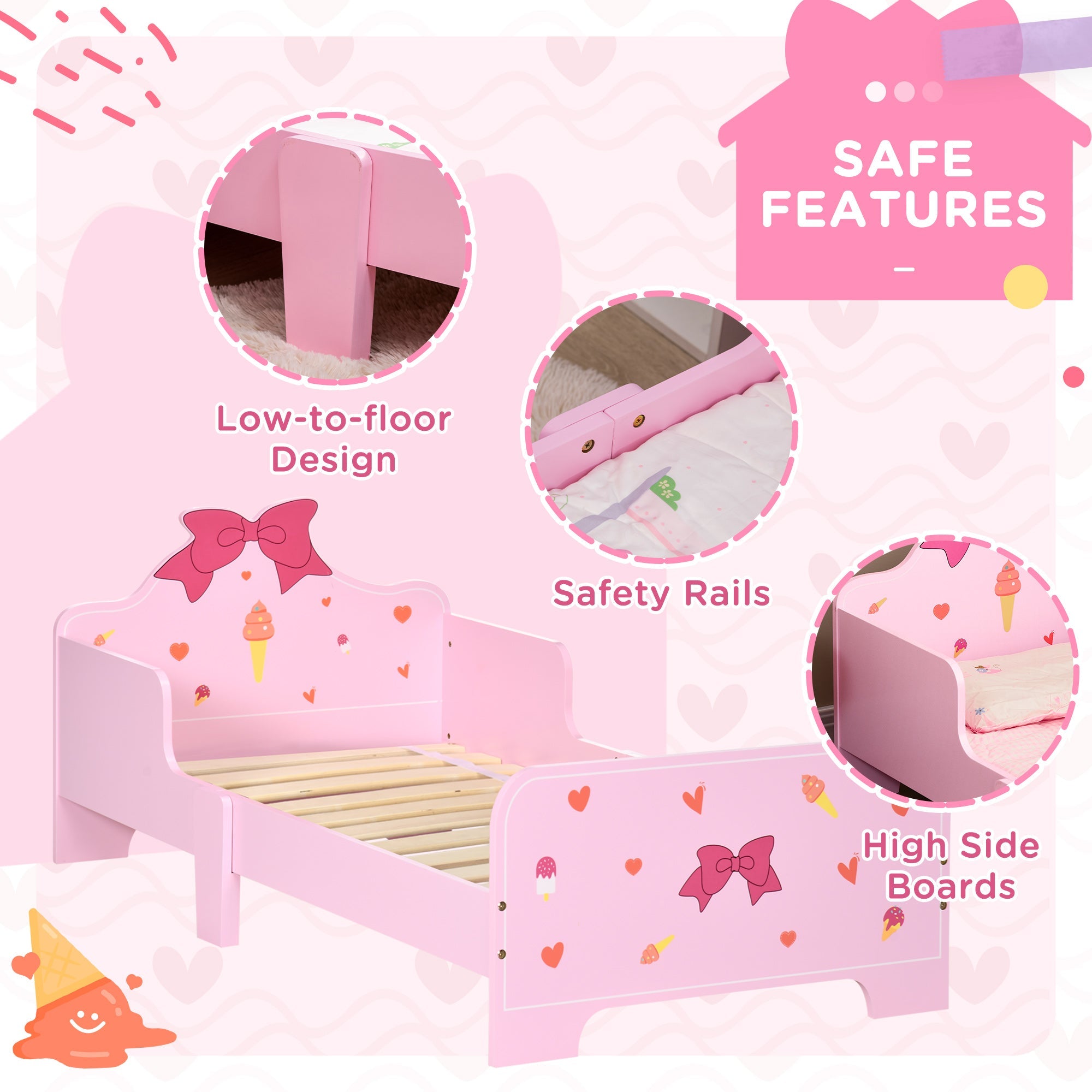 Princess-themed Kids Toddler Bed with Cute Patterns, Safety Side Rails Slats, Kids Bedroom Furniture for 3-6 Years, Pink, 143 x 74 x 59 cm-4