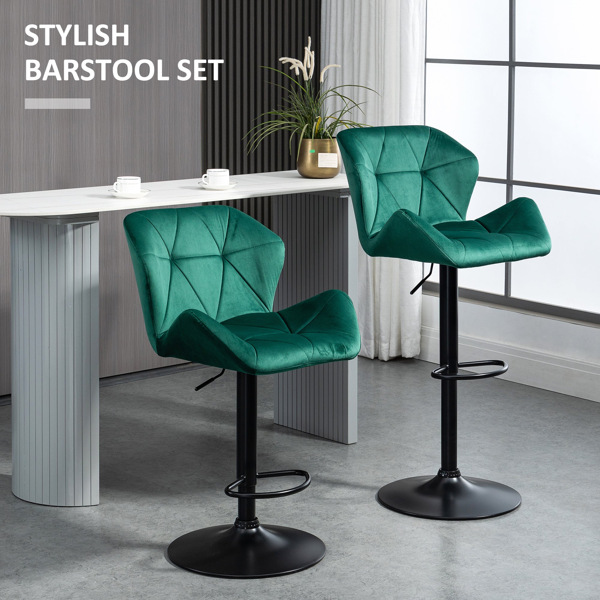 Bar Stools Set Of 2, Luxurious Velvet-Touch Barstools with Metal Frame Footrest Round Base Triangle Indenting Adjustable Height Swivel Green-3