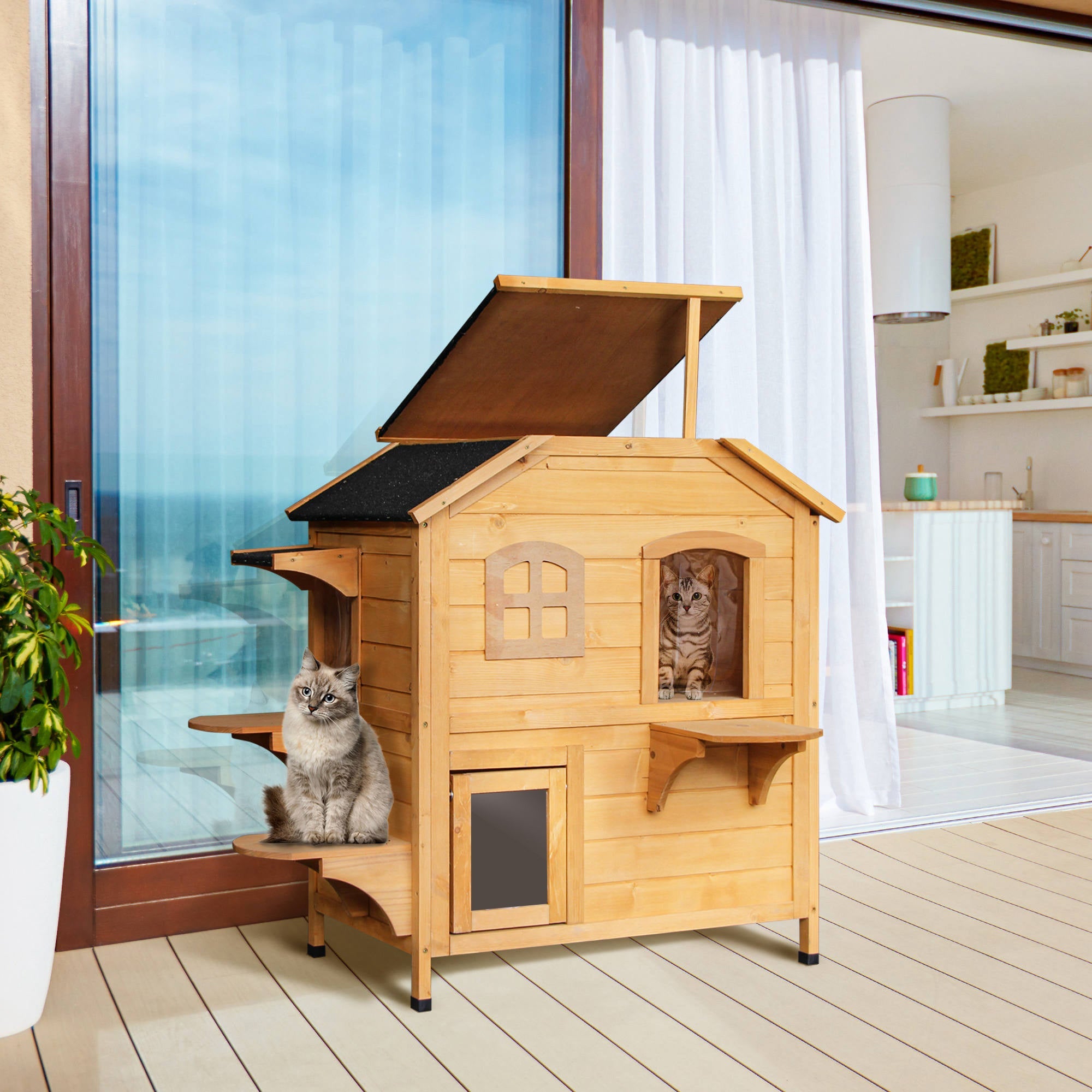 Wooden Cat House Condos Cat Cave Pet Shelter 2 Floor Villa Outdoor Furniture Natural Wood Finish-1