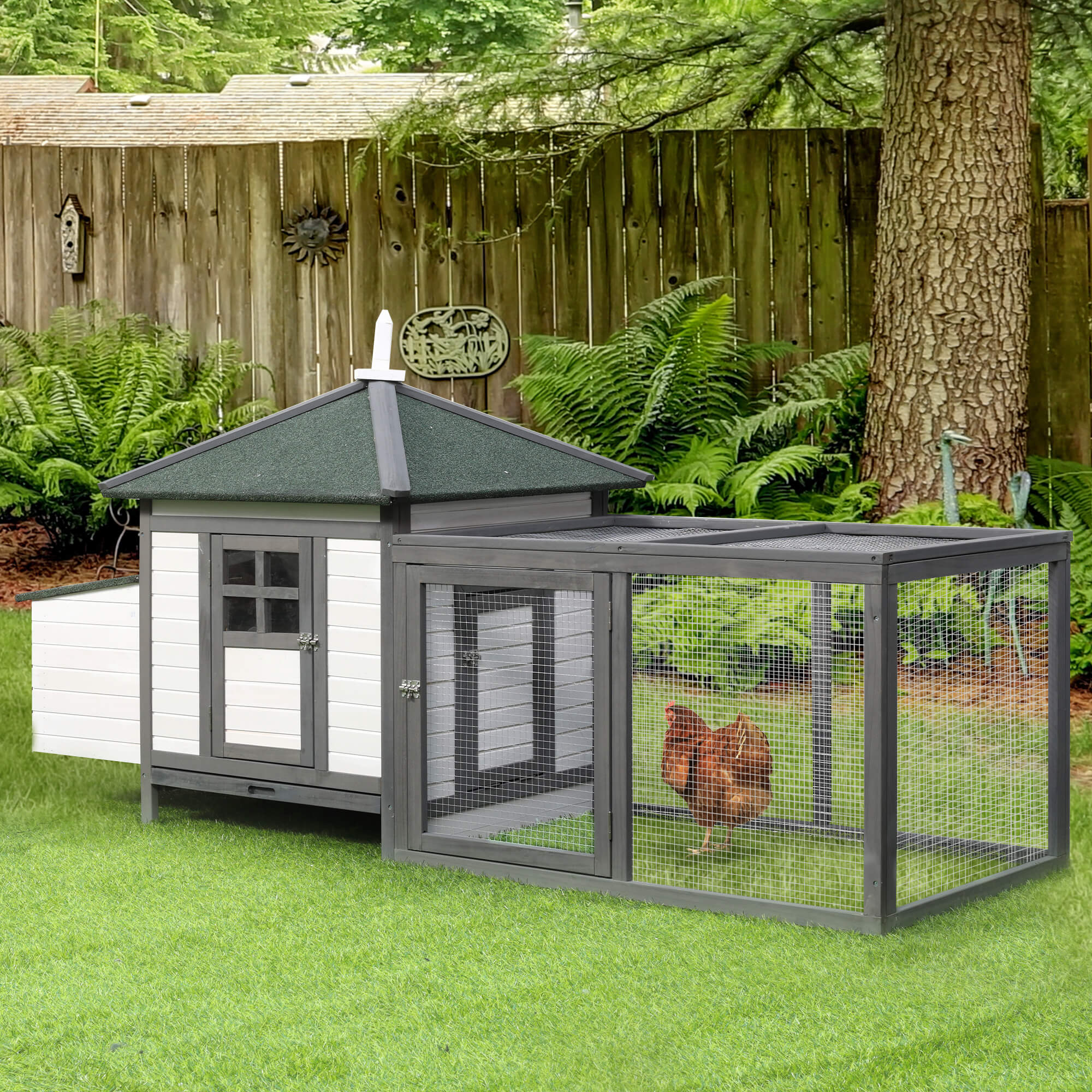 Chicken Coop Small Animal Pet Cage Wooden Chicken Hutch w/ Nesting Box Outdoor Run Backyard-1