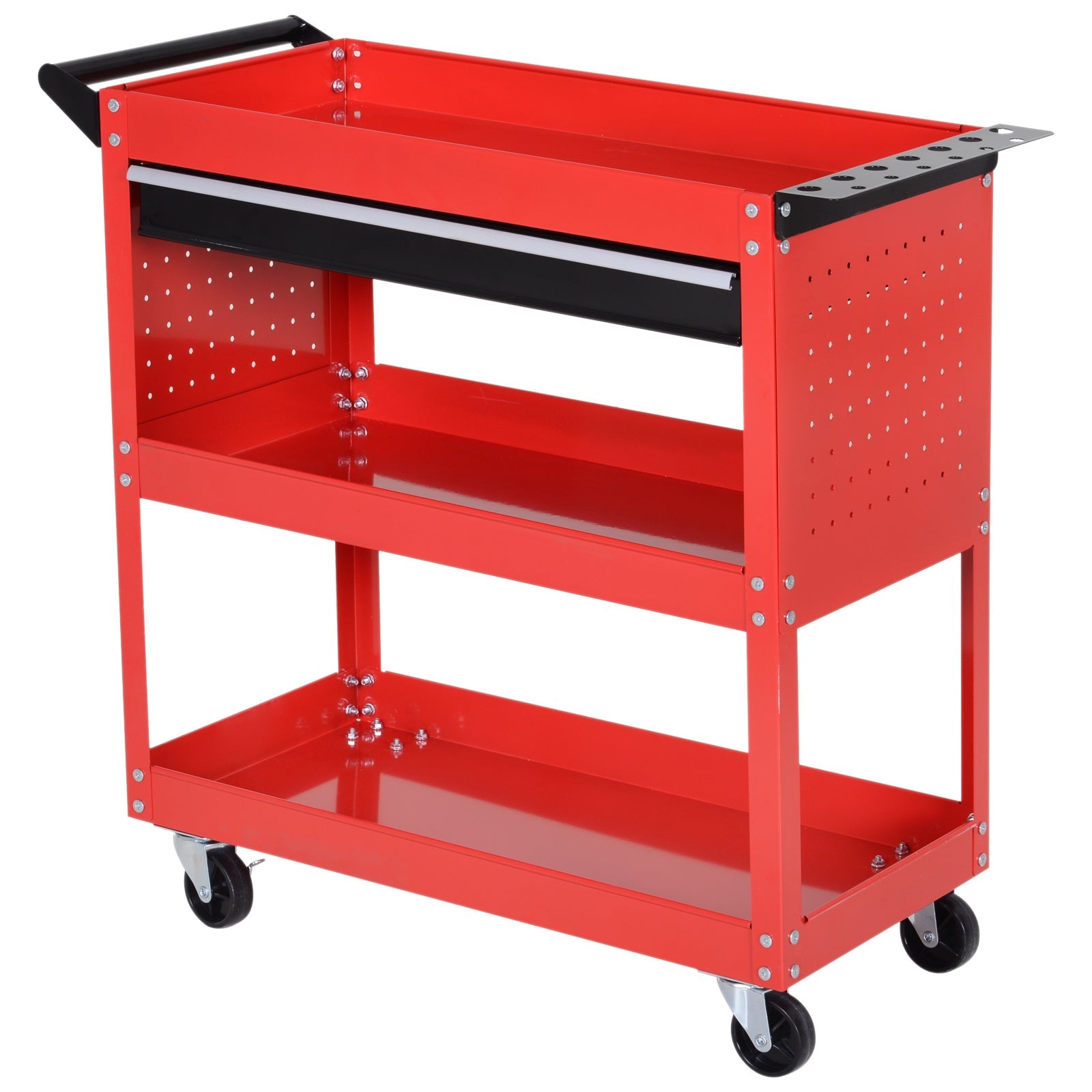 3-Tier Tool Trolley Cart Storage Shelf Roller Cabinet DIY Box Garage Workshop with Drawer Red-0