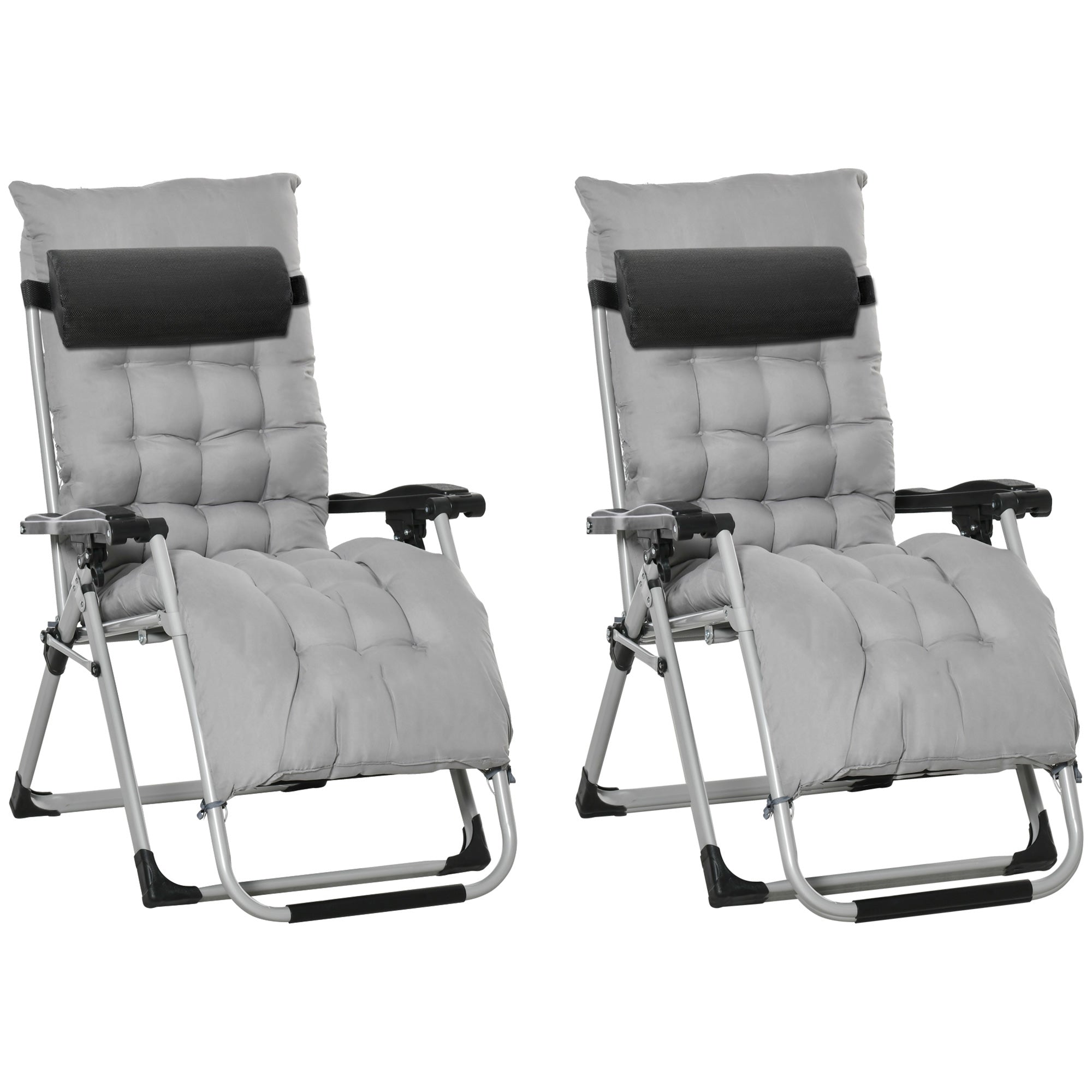 2 Piece Reclining Zero Gravity Chair Folding Garden Sun Lounger with Cushion Headrest Light Grey-0