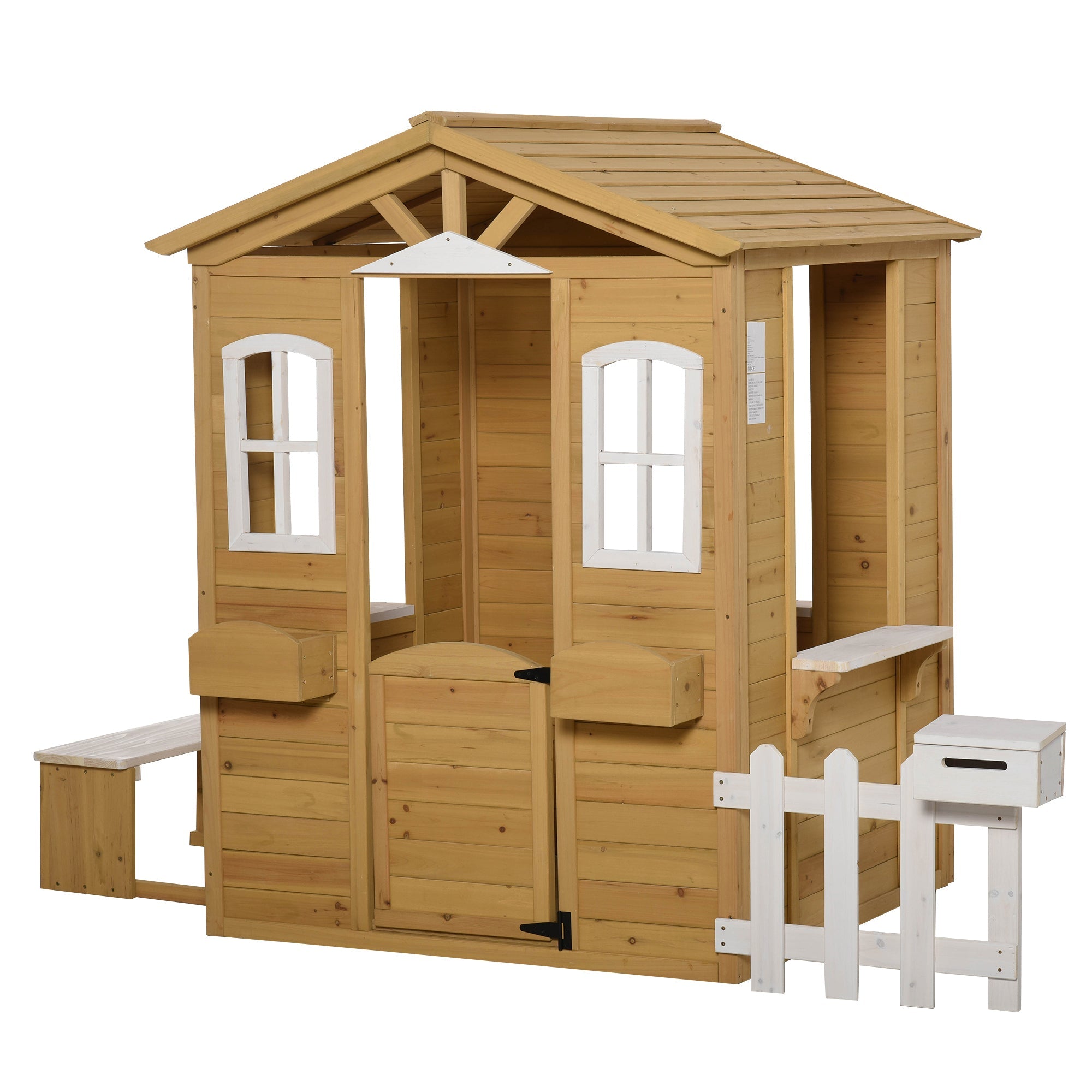 Wooden Playhouse for Outdoor with Door Windows Mailbox Flower Pot Holder Serving Station Bench for Kids Children Toddlers Natural-0