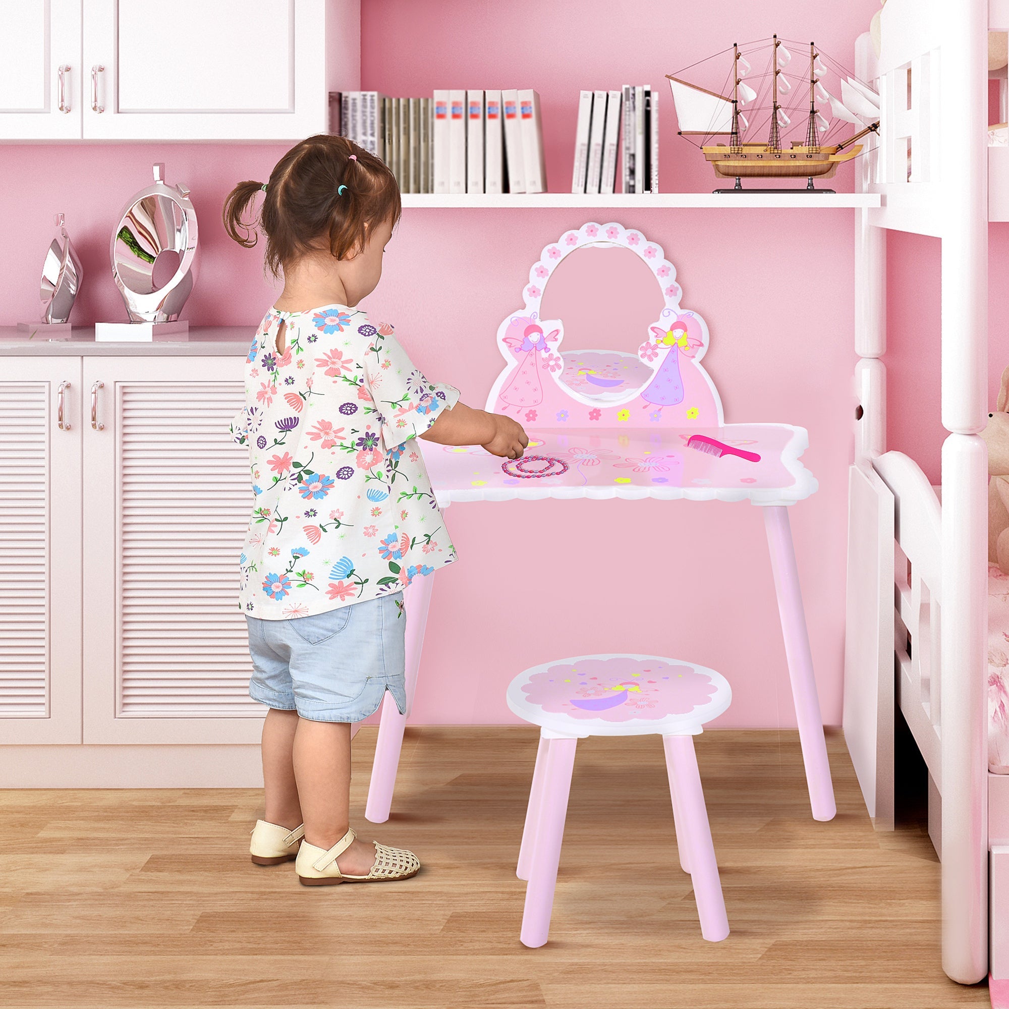 Kids Dressing Table Girls Pink Wooden Kids Dressing Table & Stool Make Up Desk Chair Toys Fairy Dresser Play Set w/Mirror-1