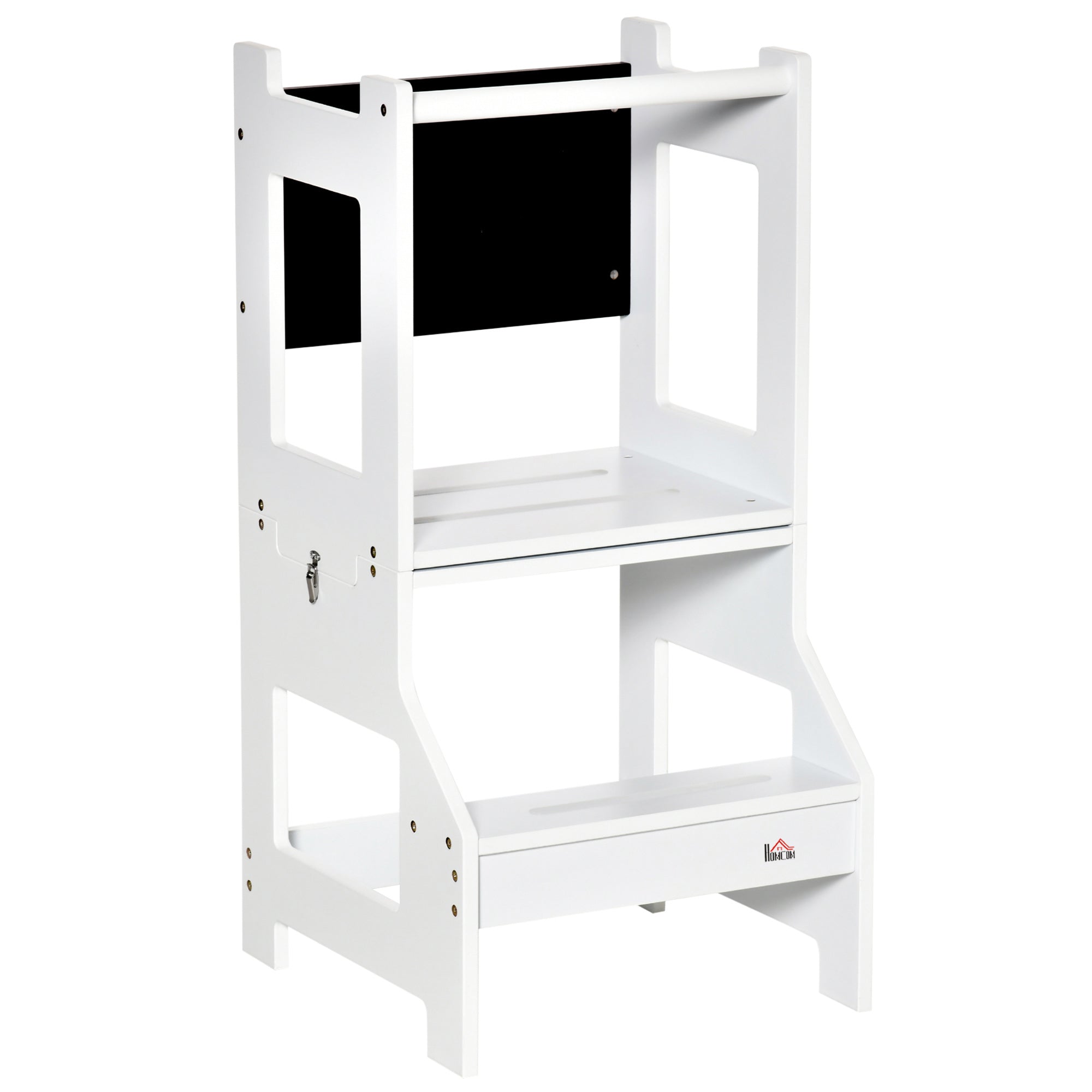 2-in-1 Kids Step Stool, Toddler Table and Chair Set, with Safety Rail Chalkboard Kitchen Helper Standing Tower, White-0