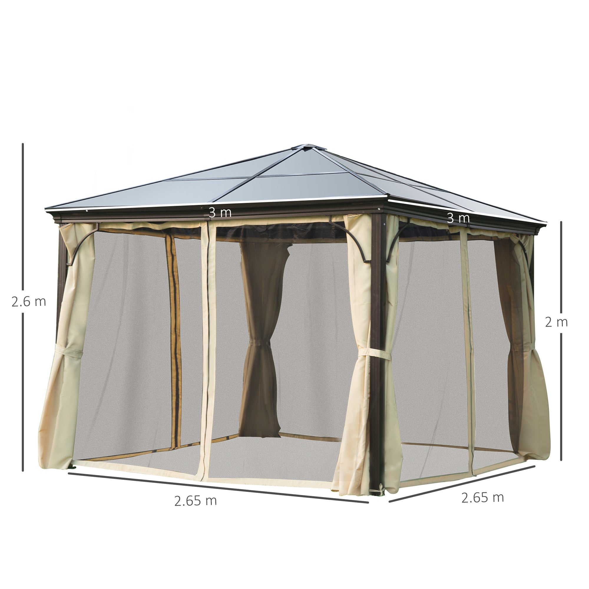 3 x 3(m) Hardtop Gazebo Canopy with Polycarbonate Roof and Aluminium Frame, Garden Pavilion with Mosquito Netting and Curtains, Brown-2