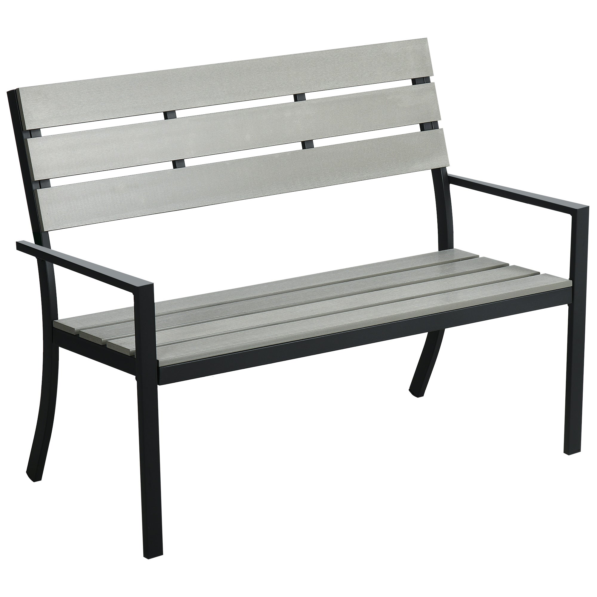 2 Seater Garden Bench, Slatted Outdoor Bench with Steel Frame, Garden Loveseat, 122 x 65 x 92 cm, Grey-0