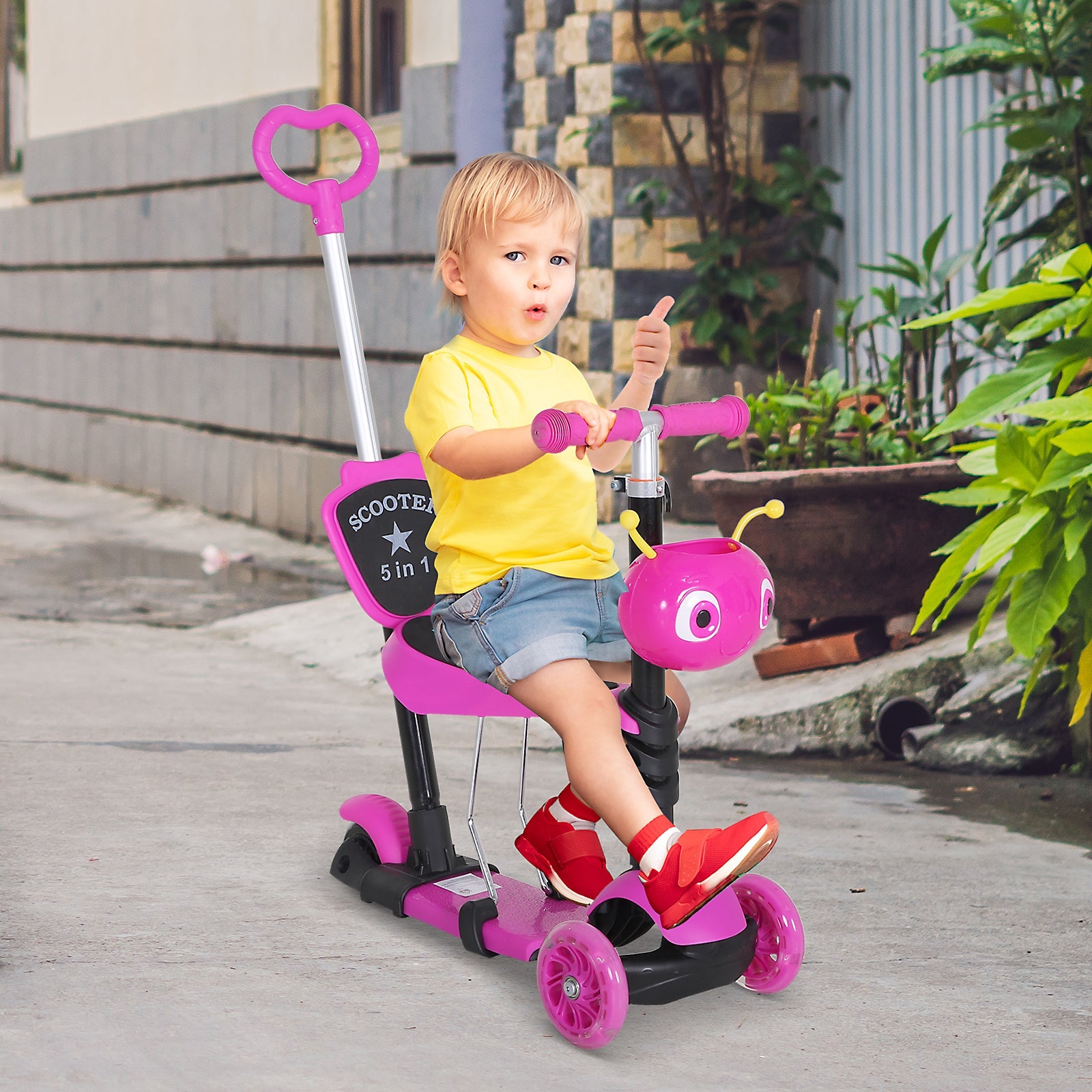 5-in-1 Kids Toddler 3 Wheels Mini Kick Scooter Push Walker with Removable Seat & Back Rest for Girls and Boys Pink-1